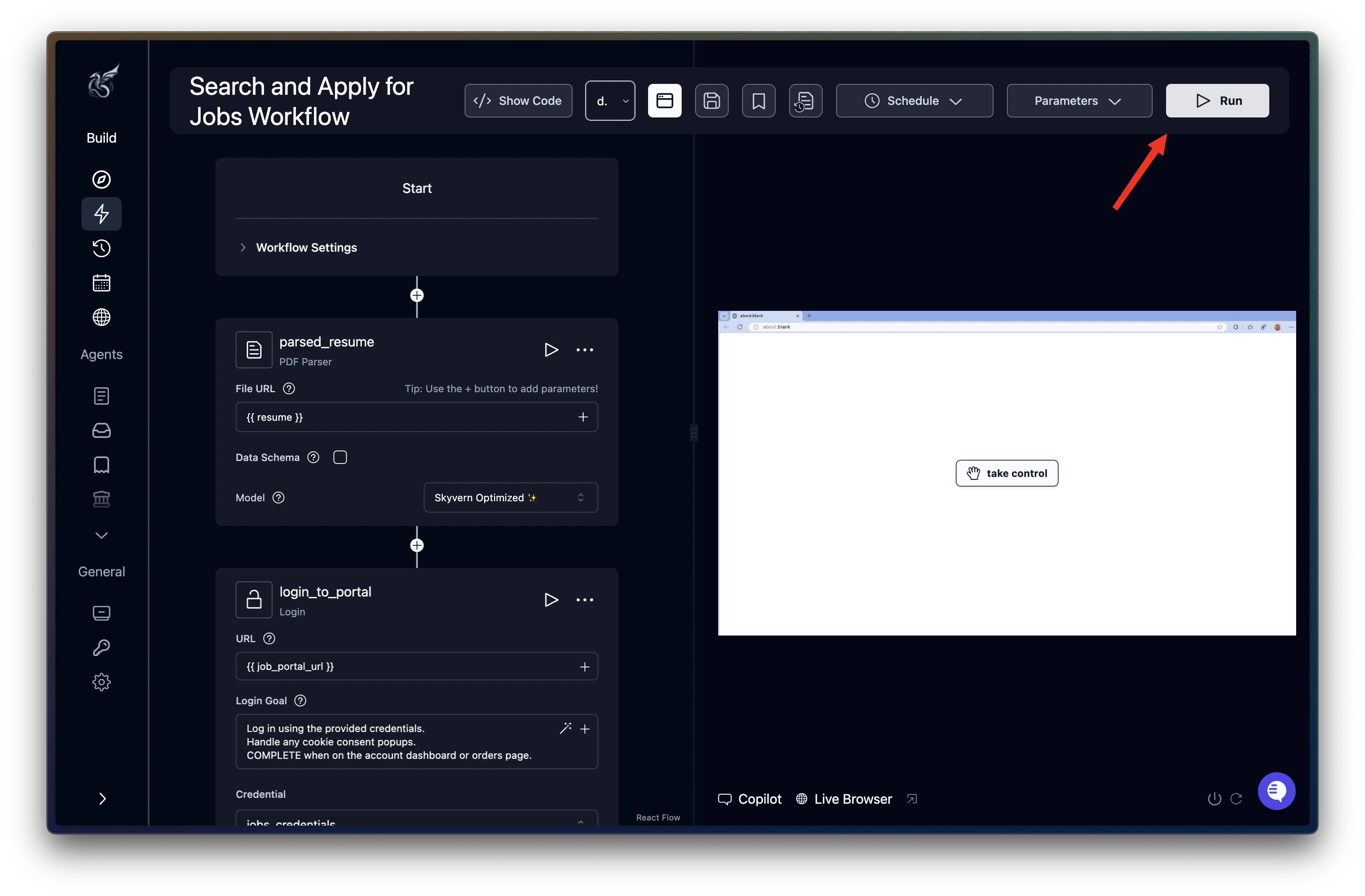 Workflows list page with play icon to start a run from the list