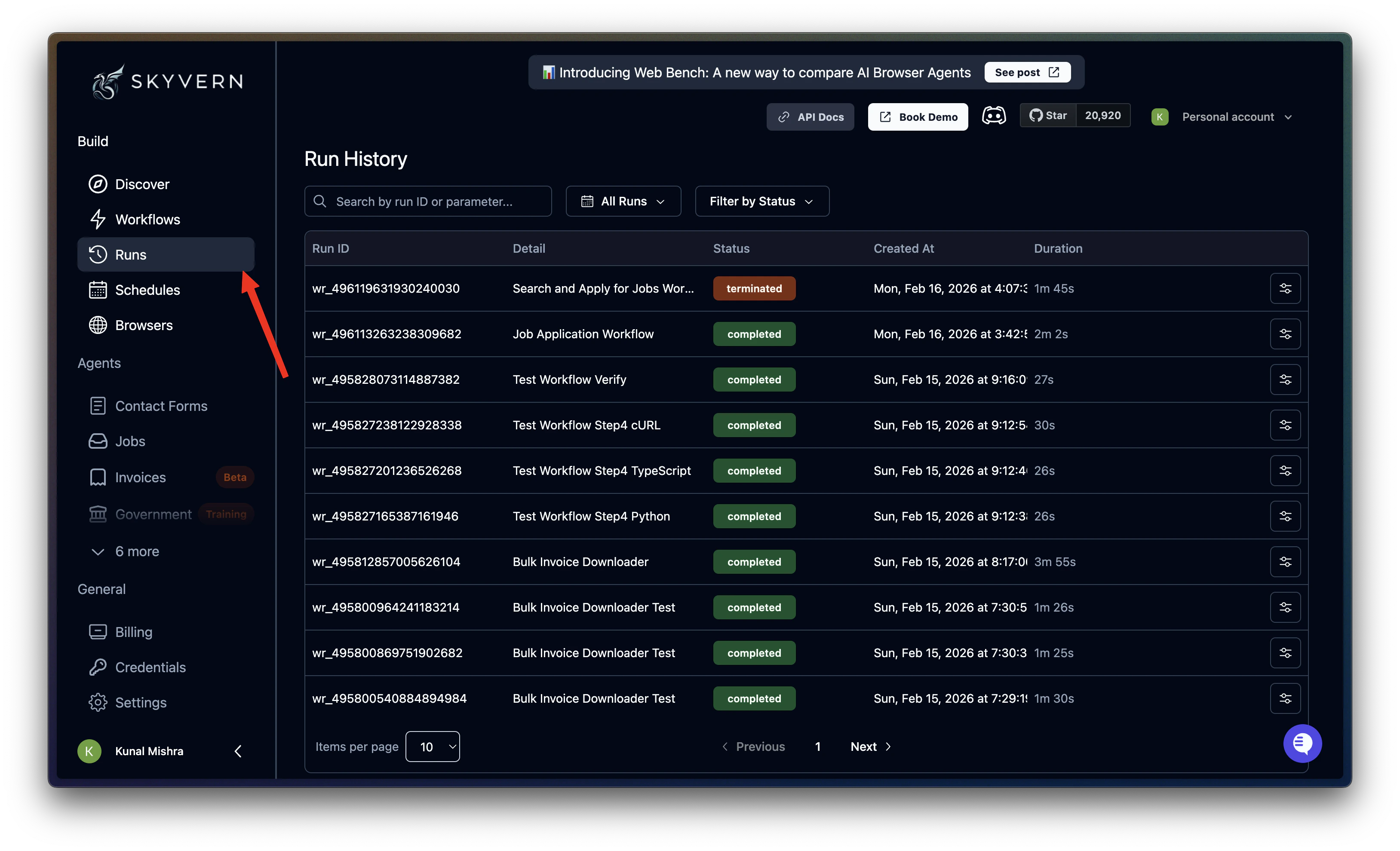 Run History page in the sidebar showing all past runs with status and duration