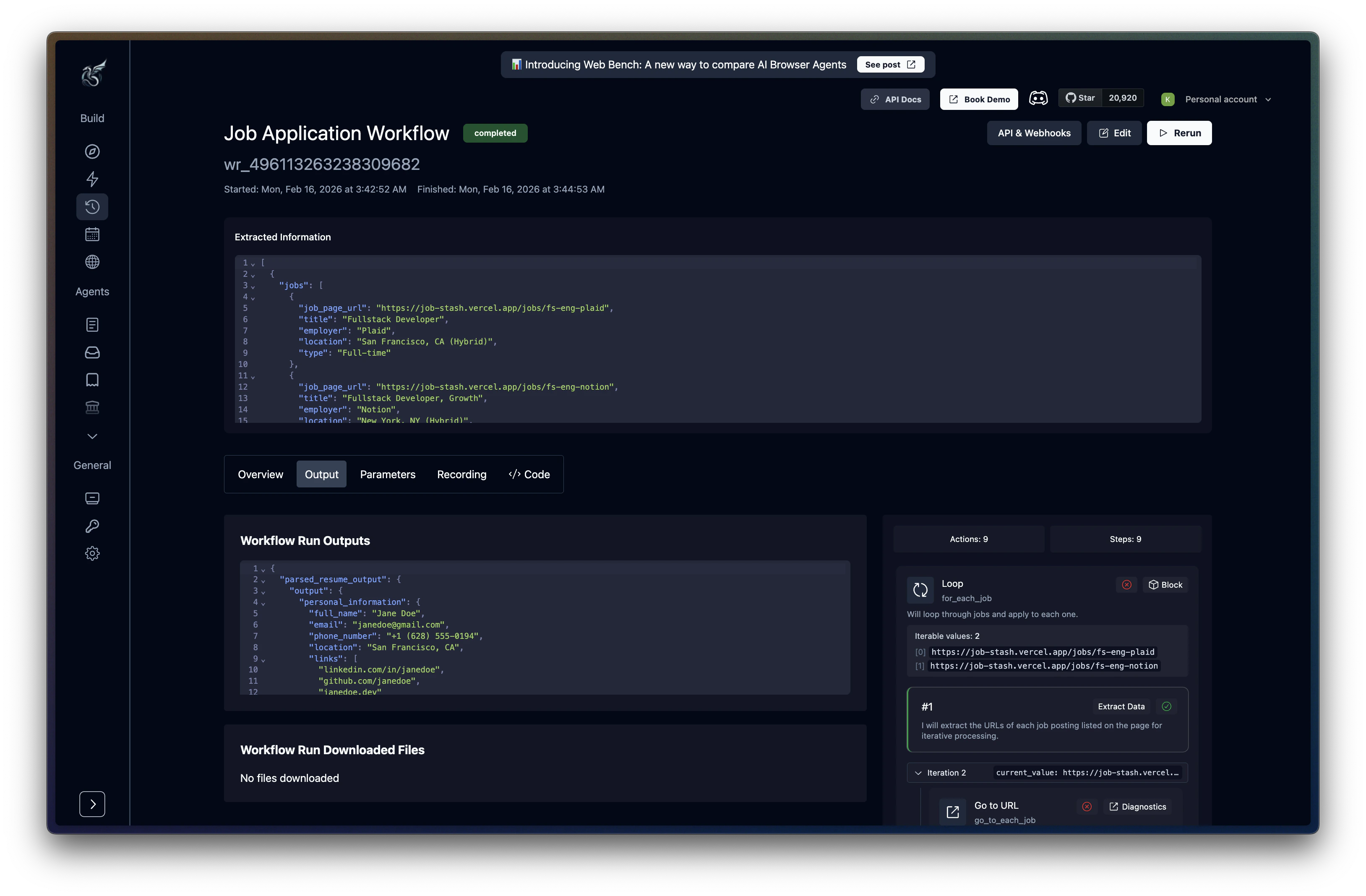 Completed workflow run showing extracted data, output tabs, and block timeline