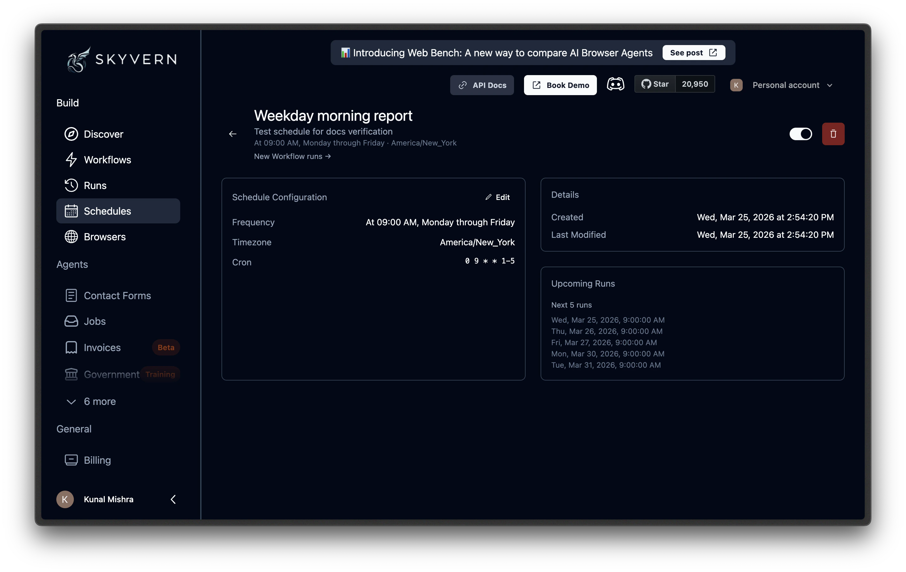 Schedule detail page showing configuration, details, and upcoming runs sections