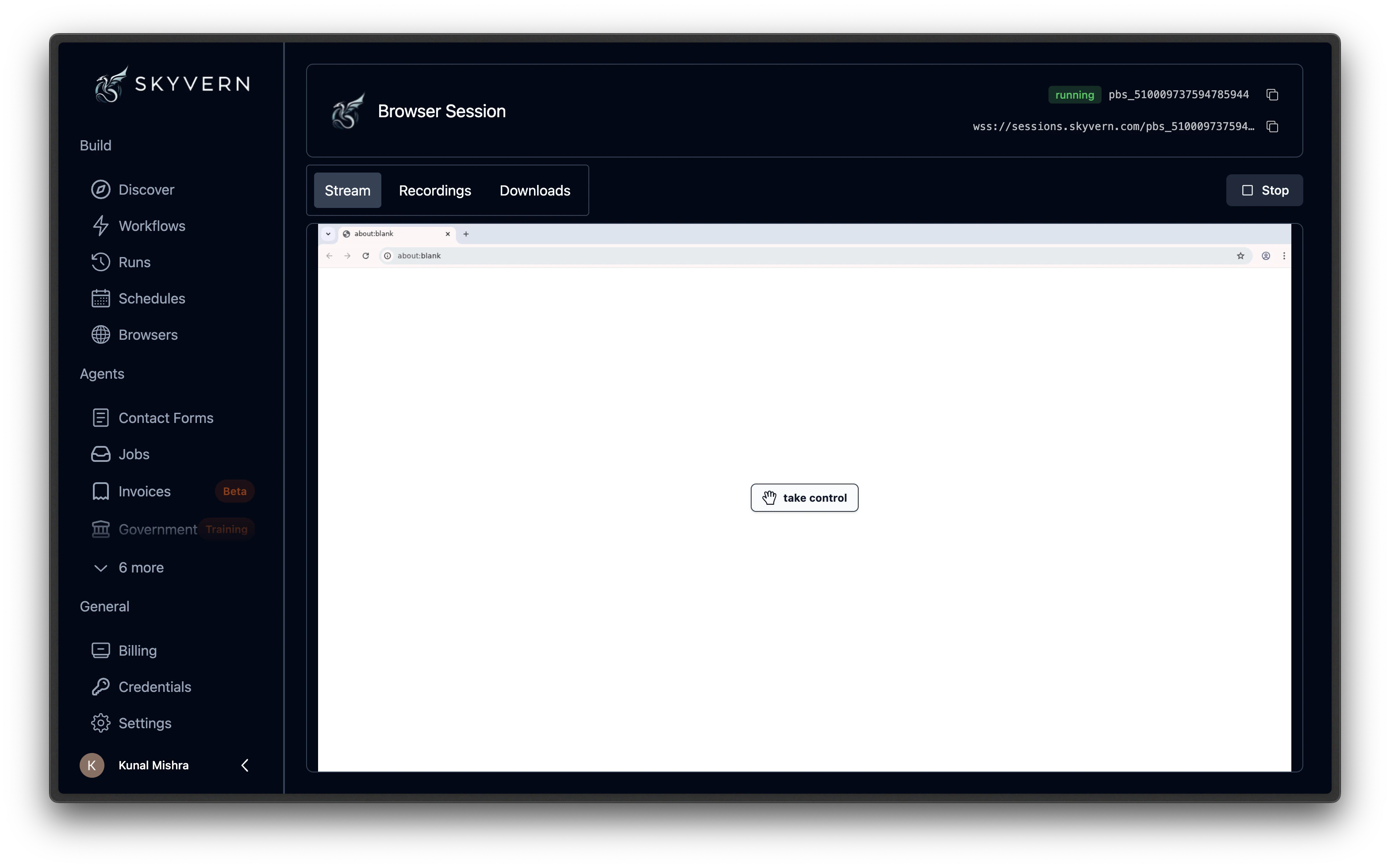 Browser session detail page with the Stream tab active, showing a live browser view and session controls