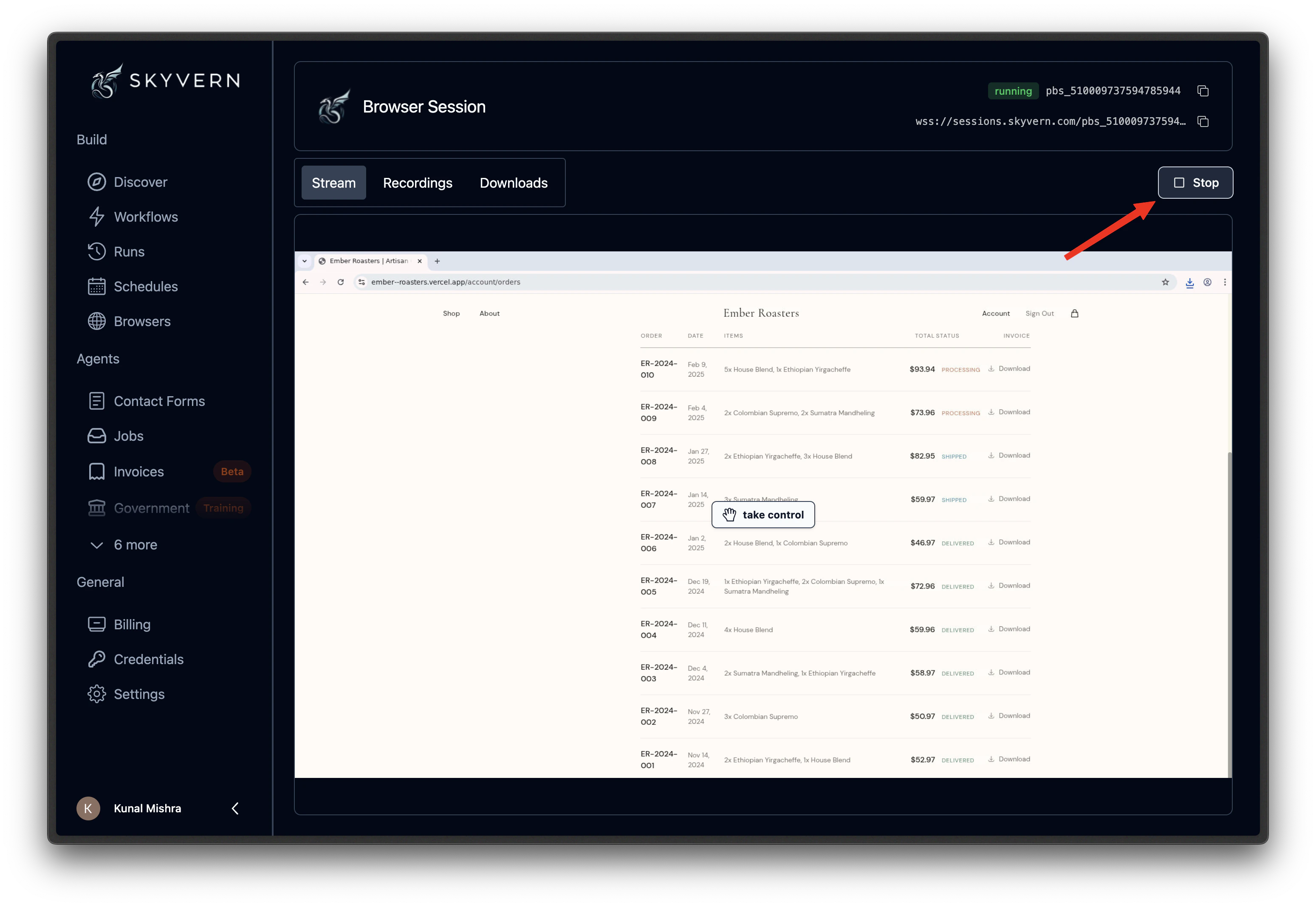 Stop browser session confirmation dialog with Cancel and Stop buttons