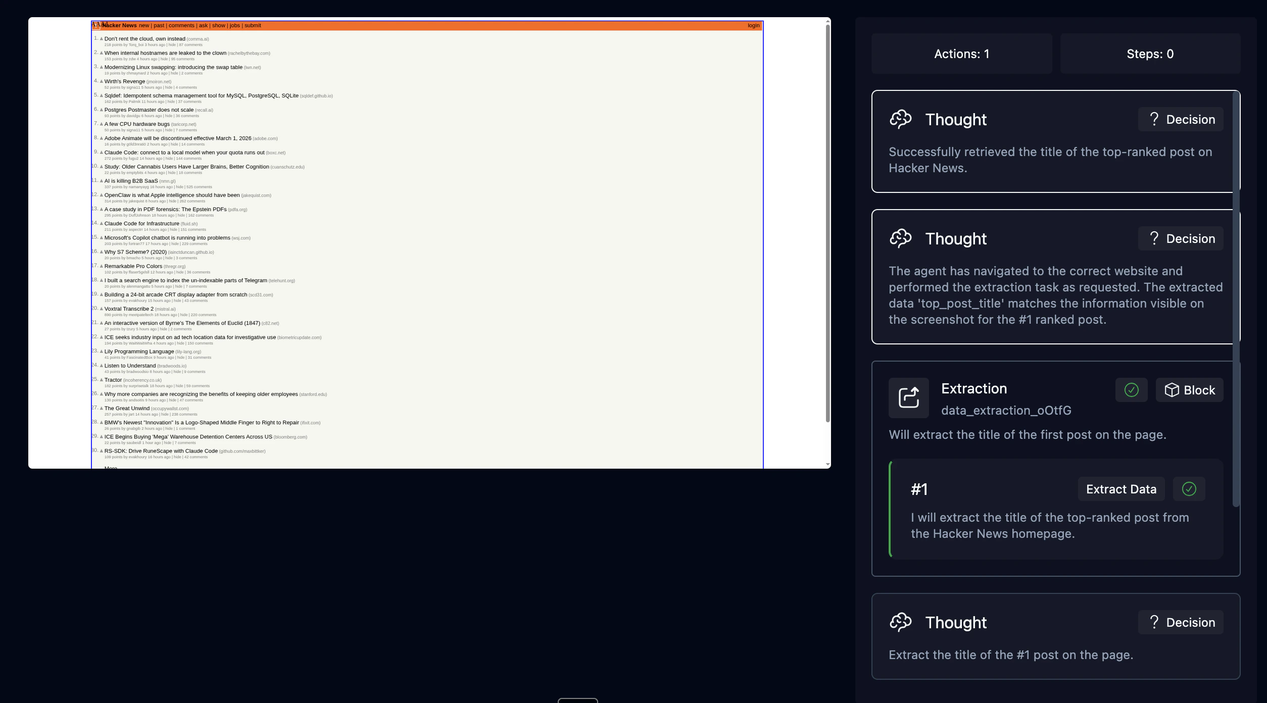 Overview tab showing browser screenshot and AI reasoning timeline