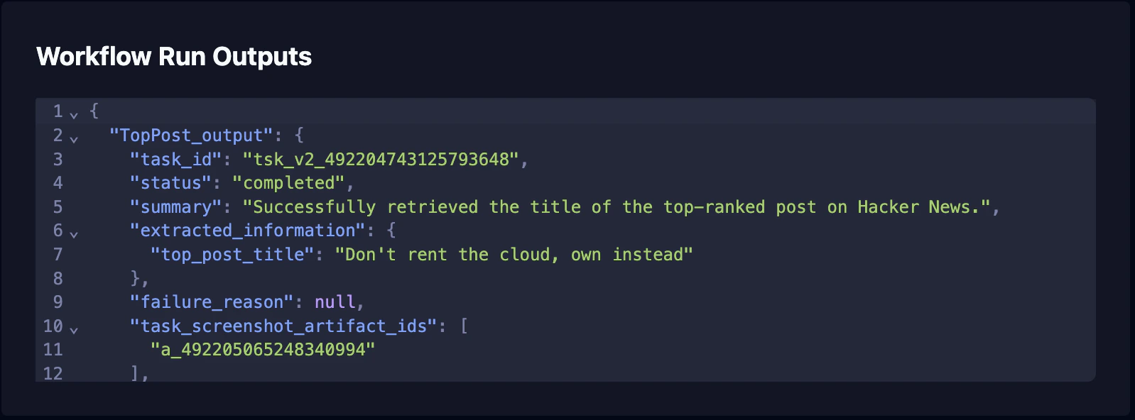 Workflow Run Outputs showing extracted JSON data