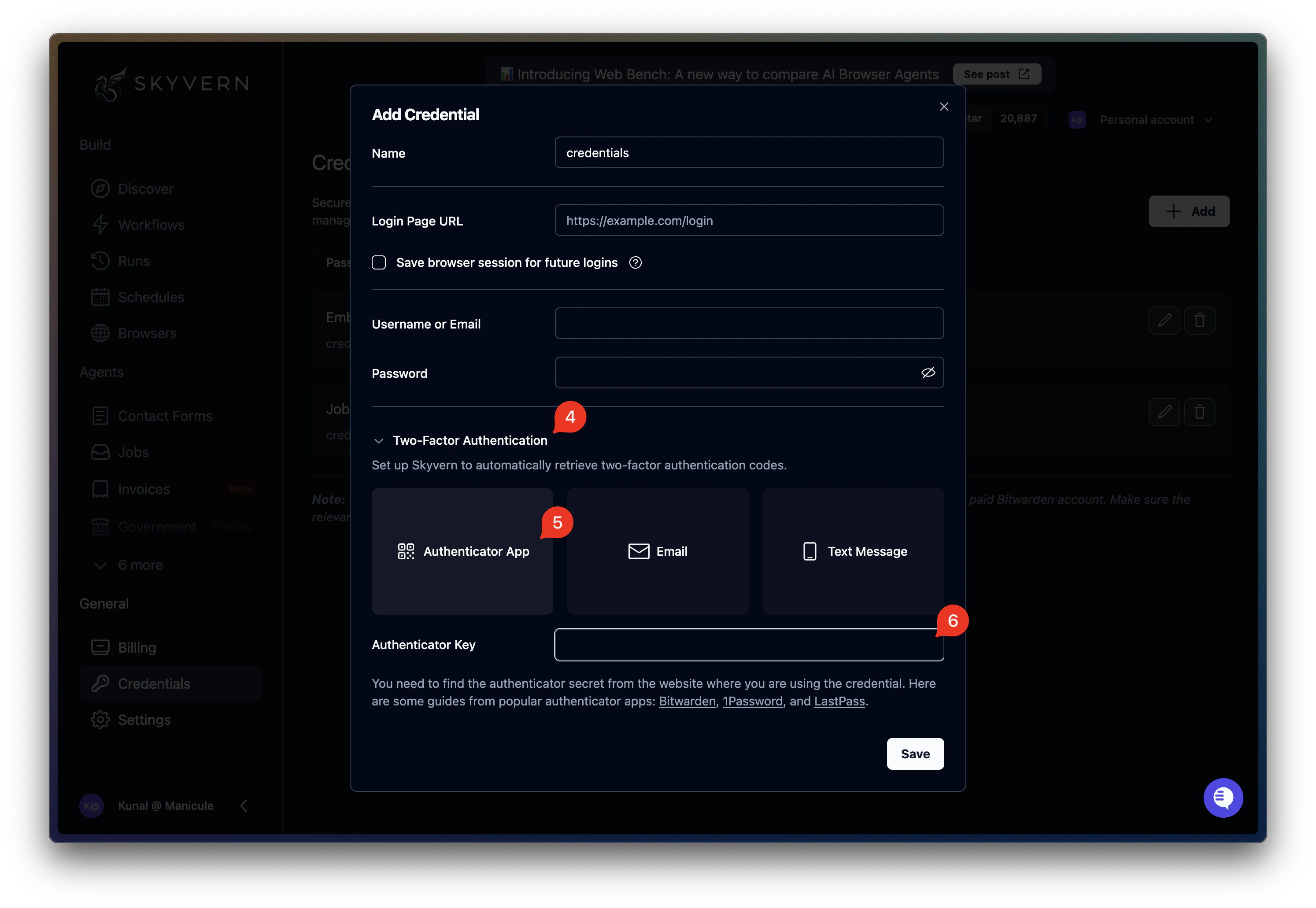 Add Credential dialog with Authenticator App selected and the Authenticator Key field