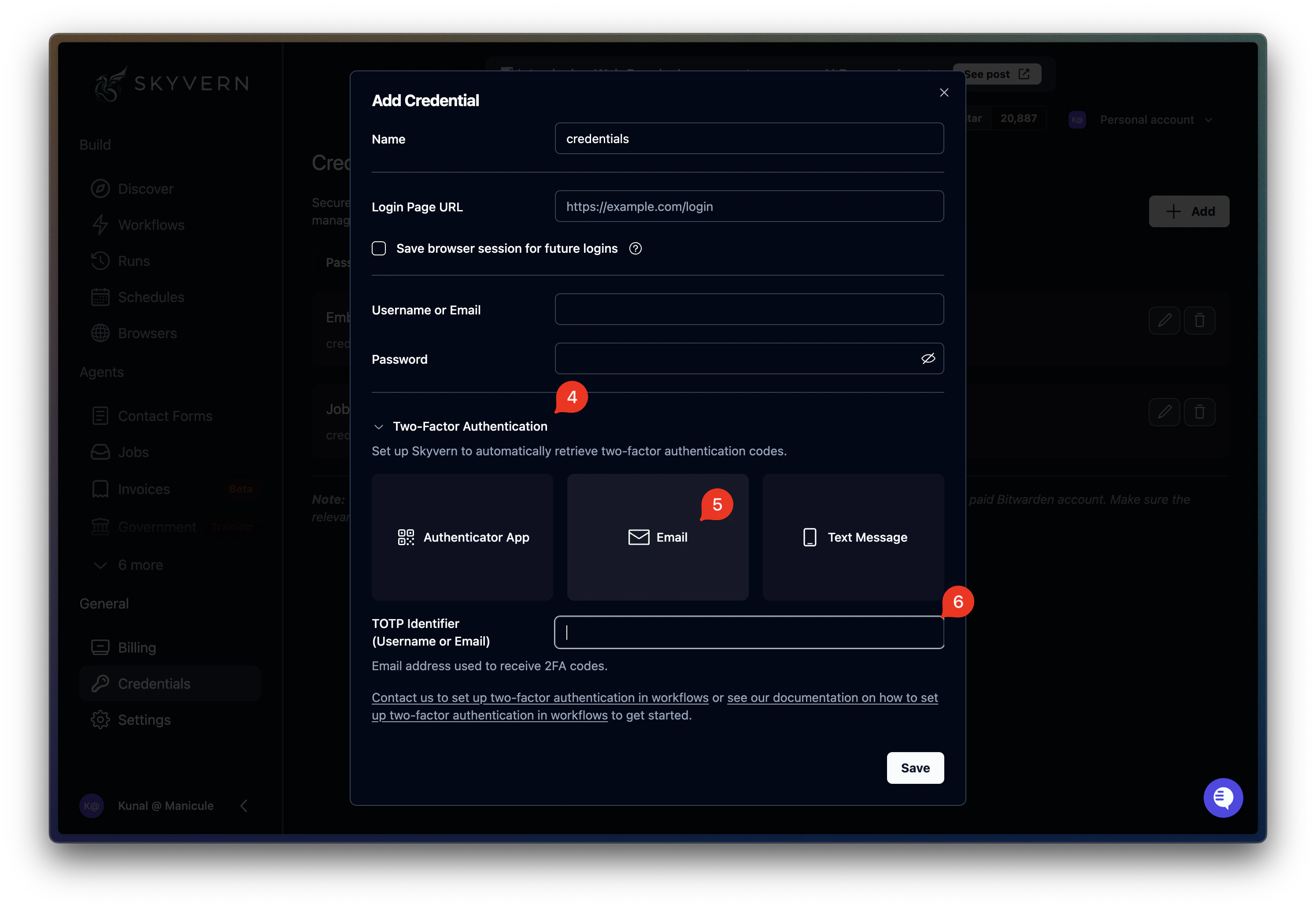 Add Credential dialog with Email selected and the TOTP Identifier field