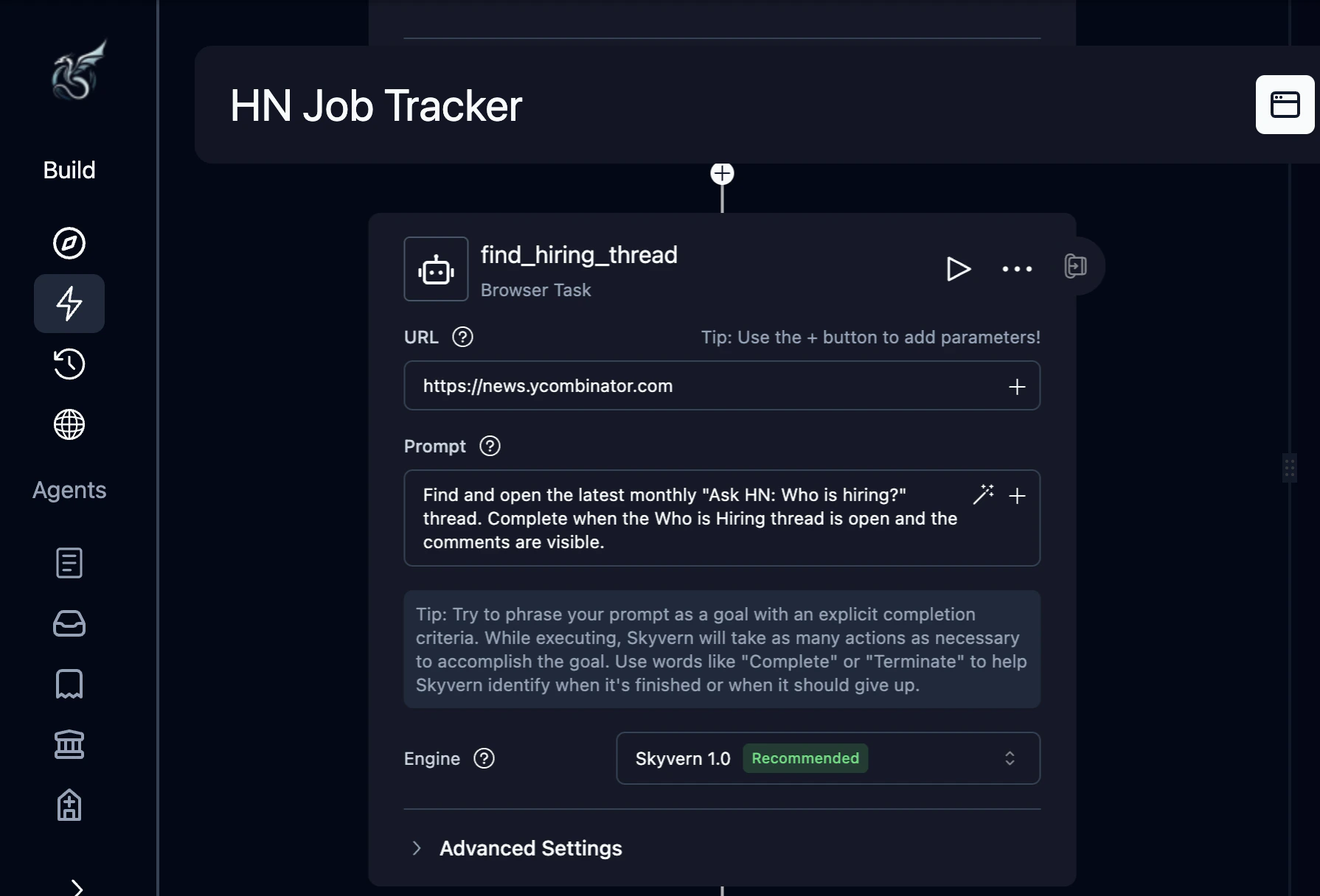 Browser Task block configured with find_hiring_thread label, URL, and prompt