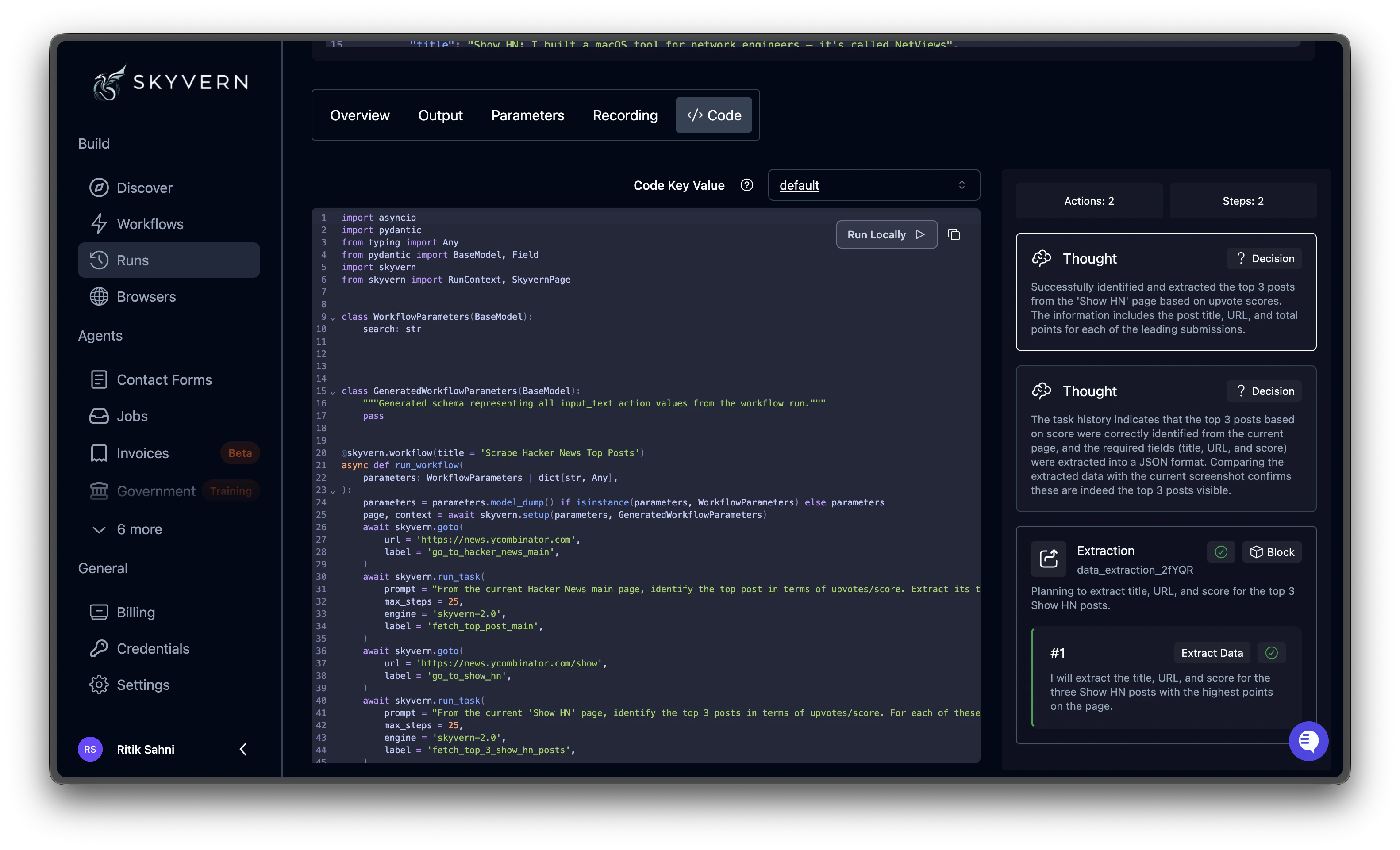 Code tab showing generated Python code with syntax highlighting