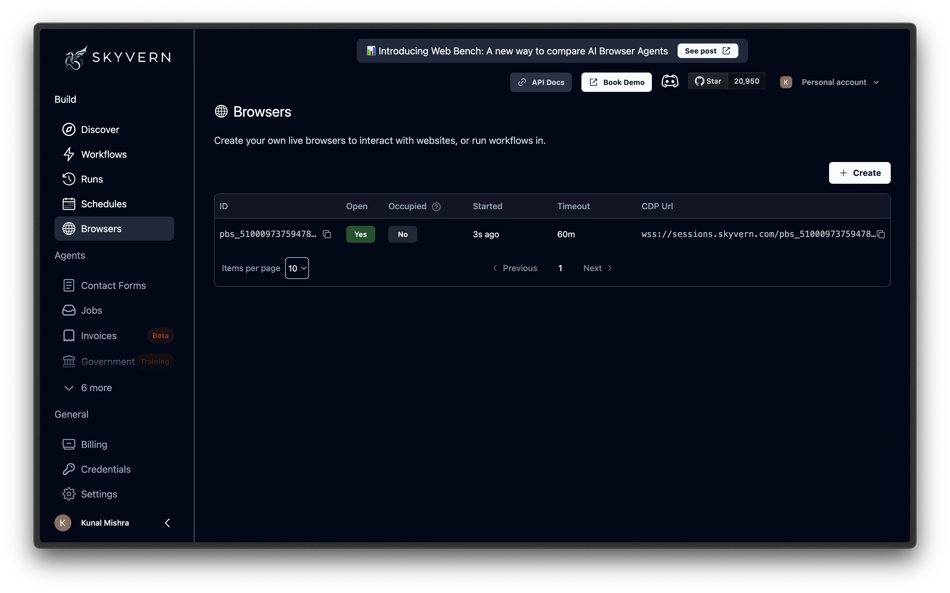 Browsers page with the sessions table showing columns for ID, open status, occupied status, started time, timeout, and CDP URL