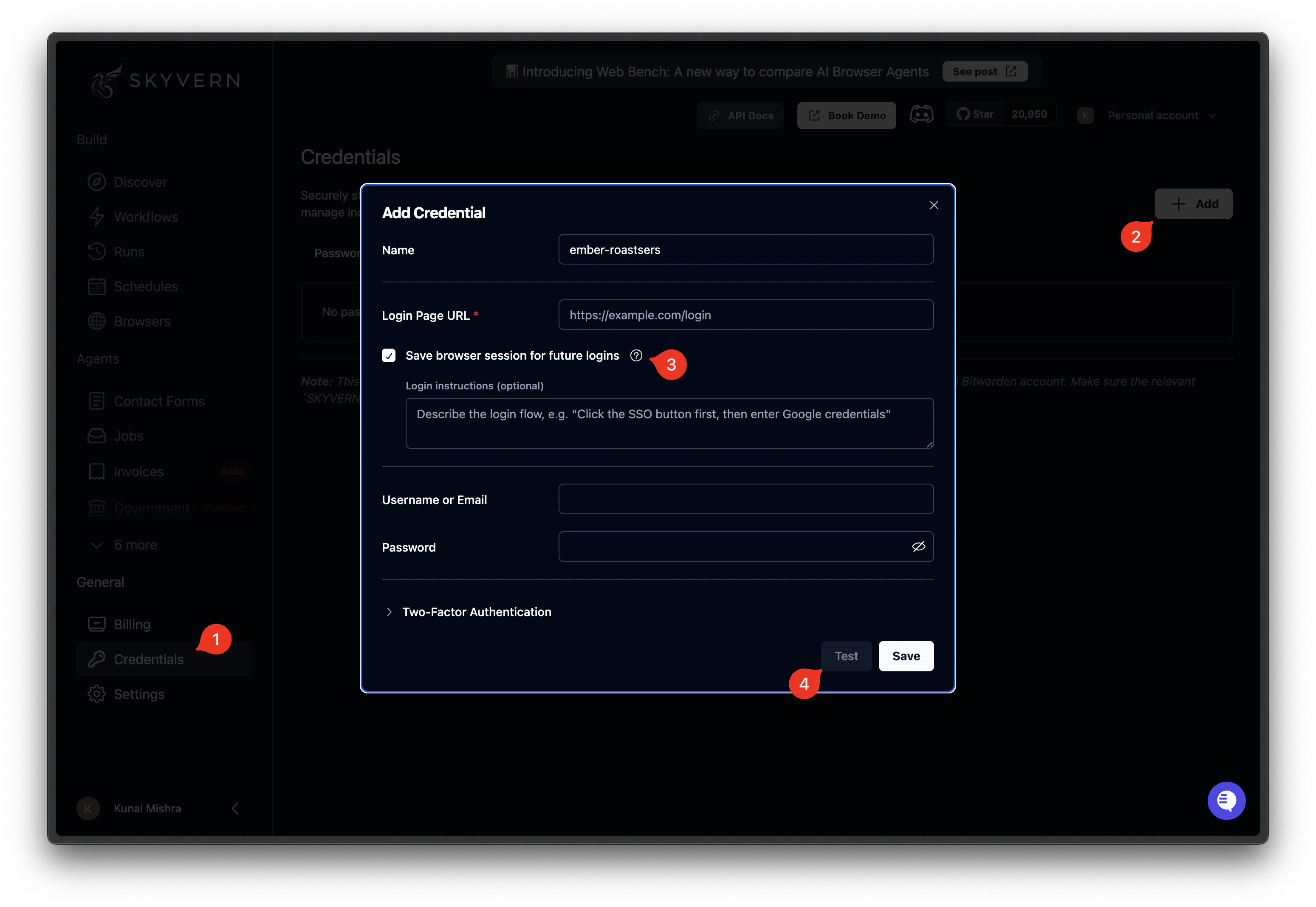 Add password credential dialog with name, username, and password fields