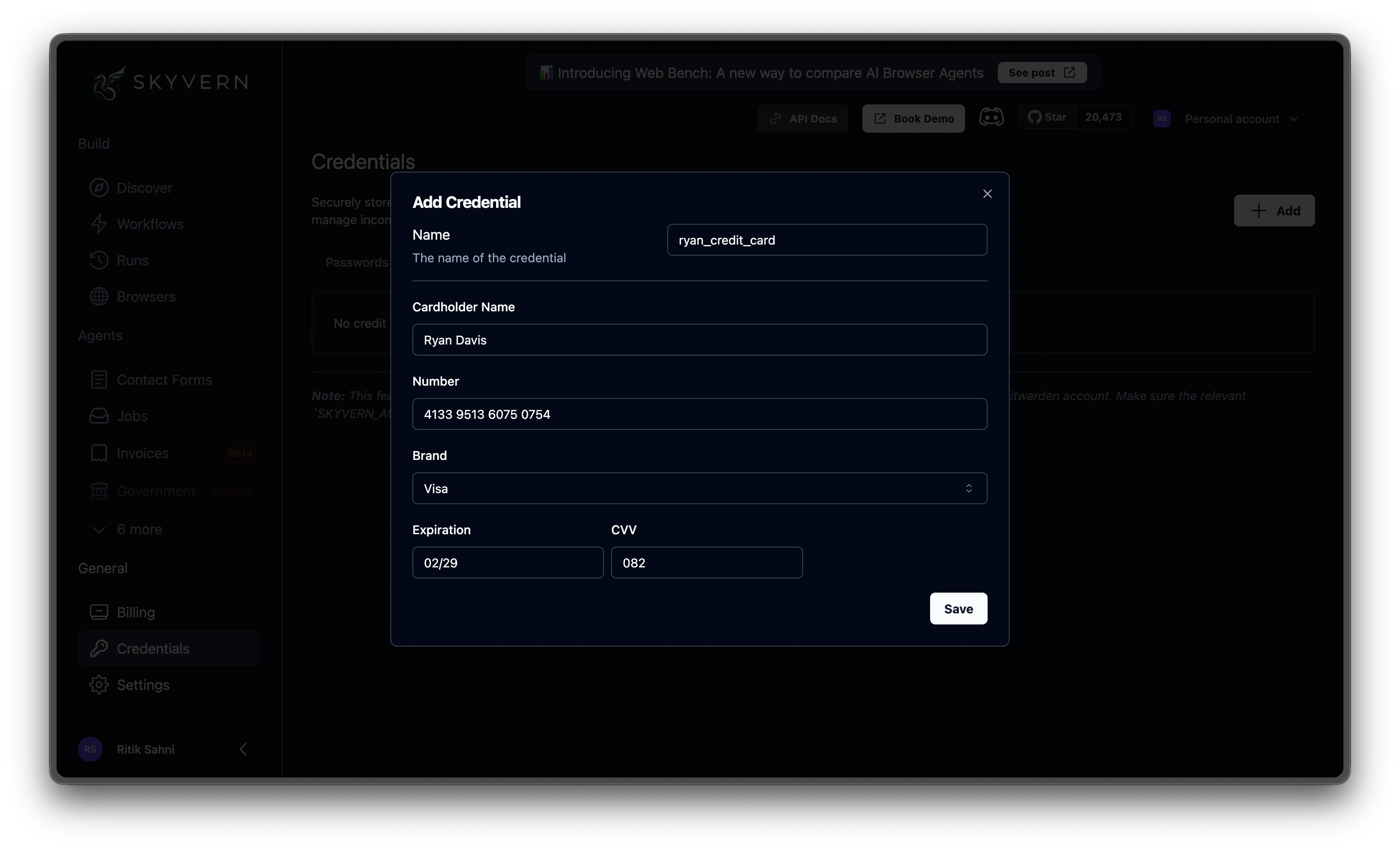 Add Credit Card credential modal