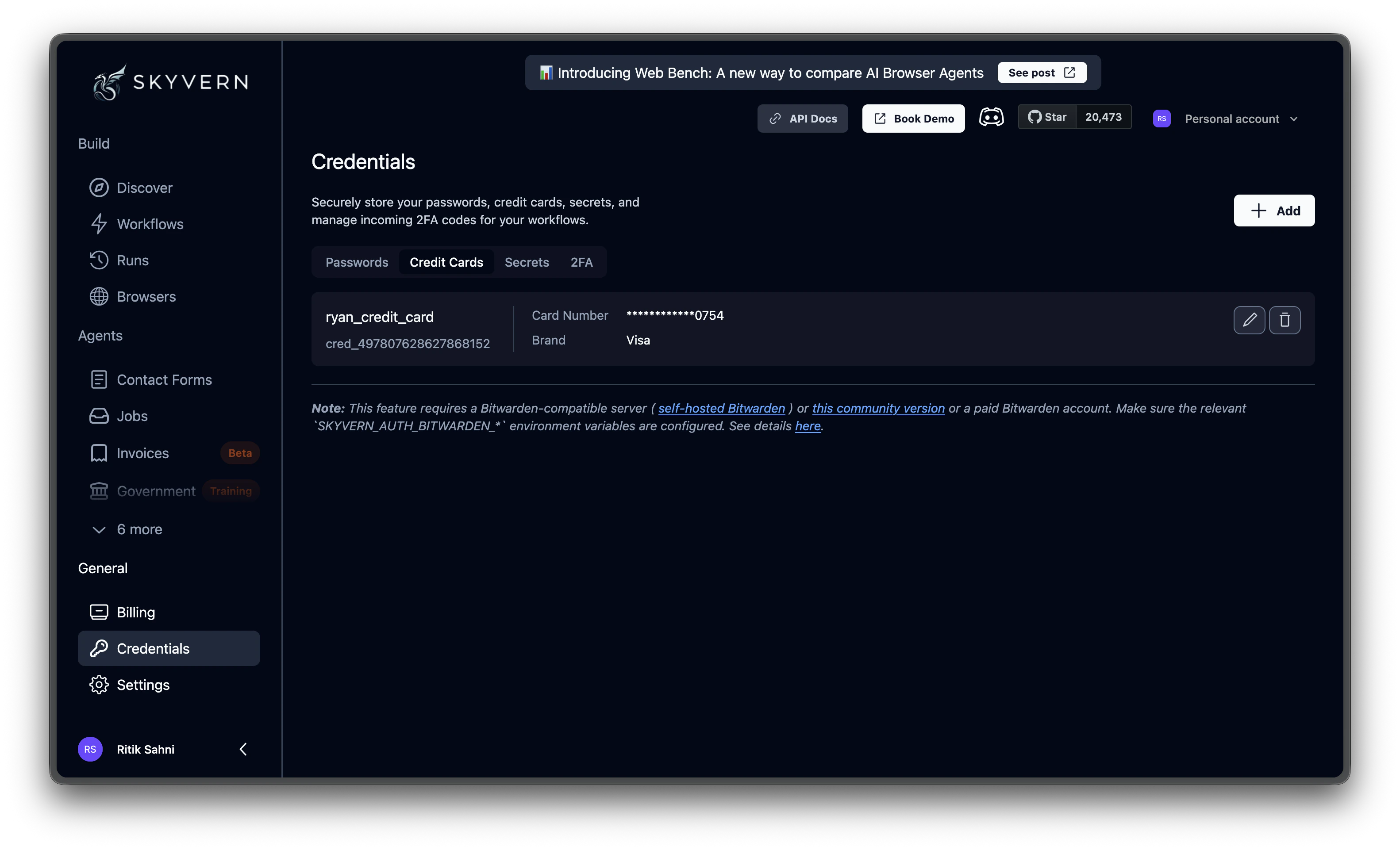 Saved credit card credential showing masked card number