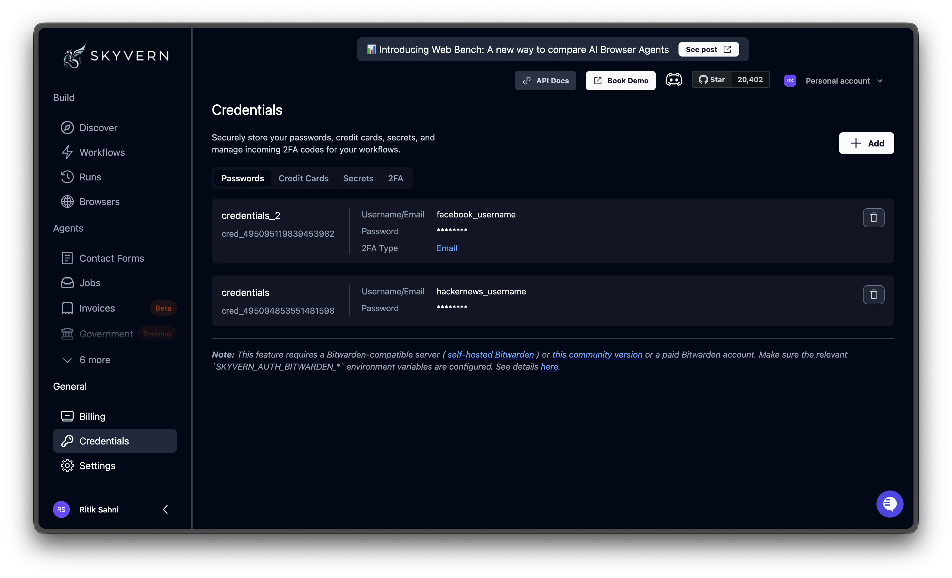 Credentials page overview