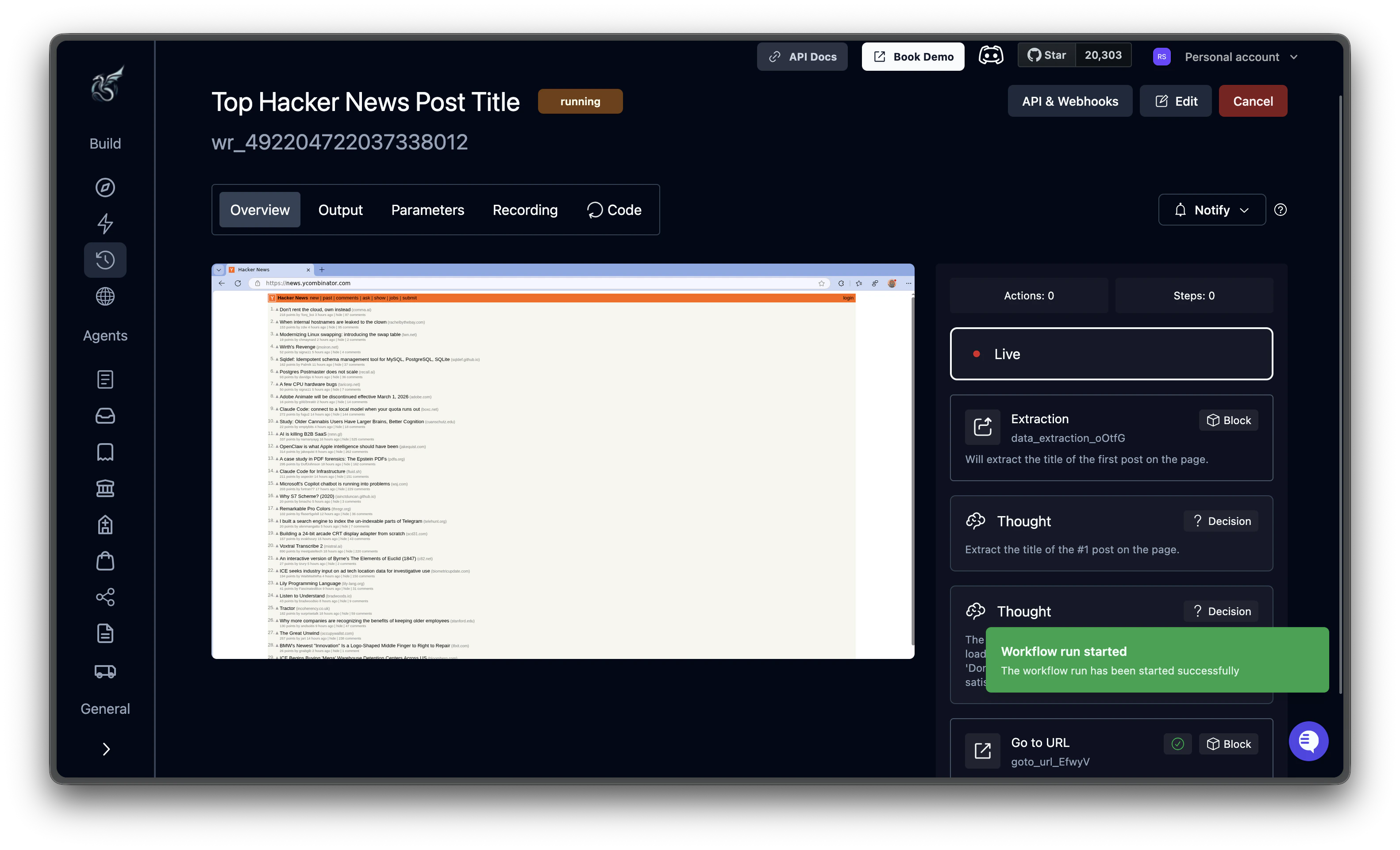 Run detail page showing a live browser navigating Hacker News