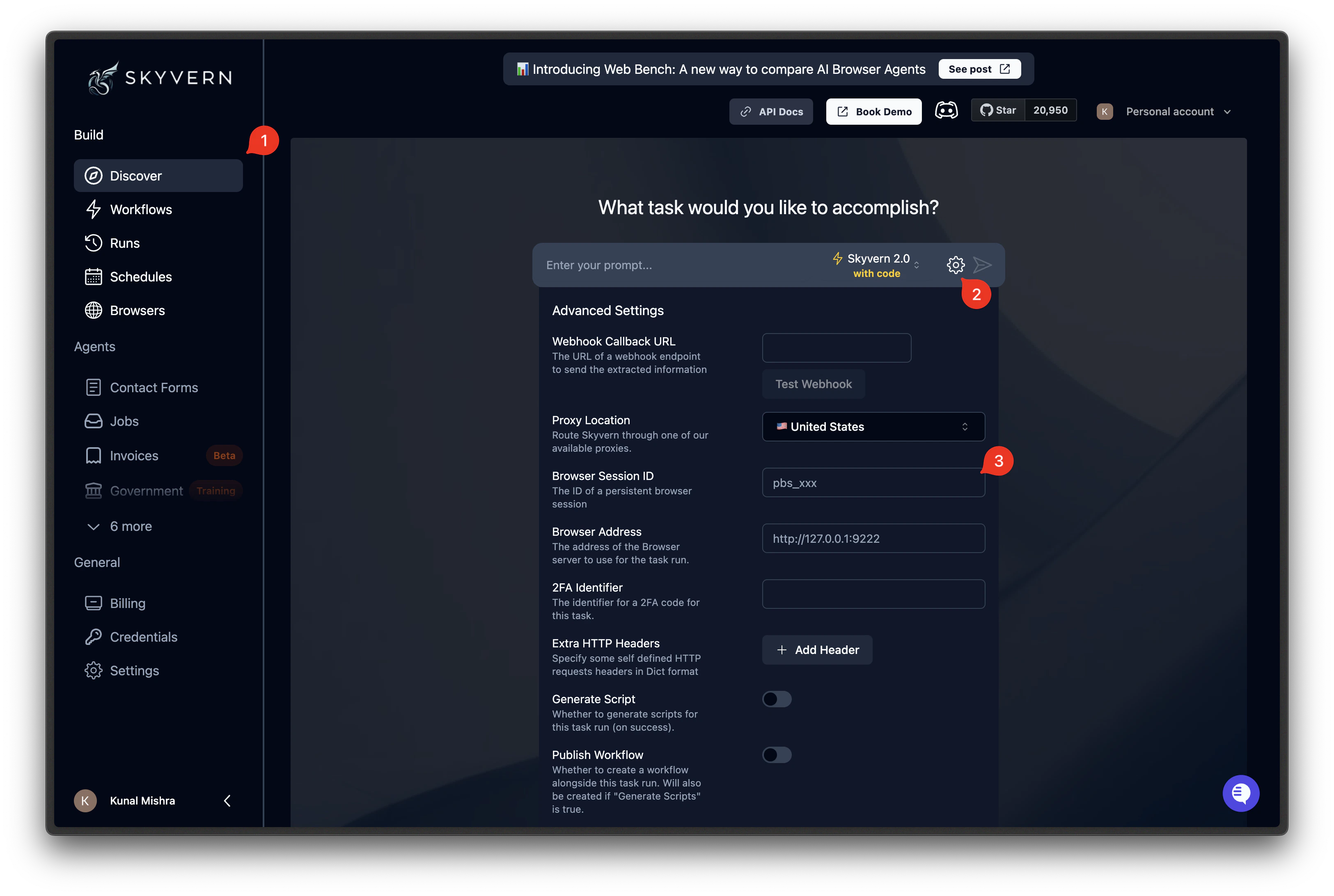 Advanced settings panel on the Discover page with a pbs_ session ID entered in the Browser Session ID field