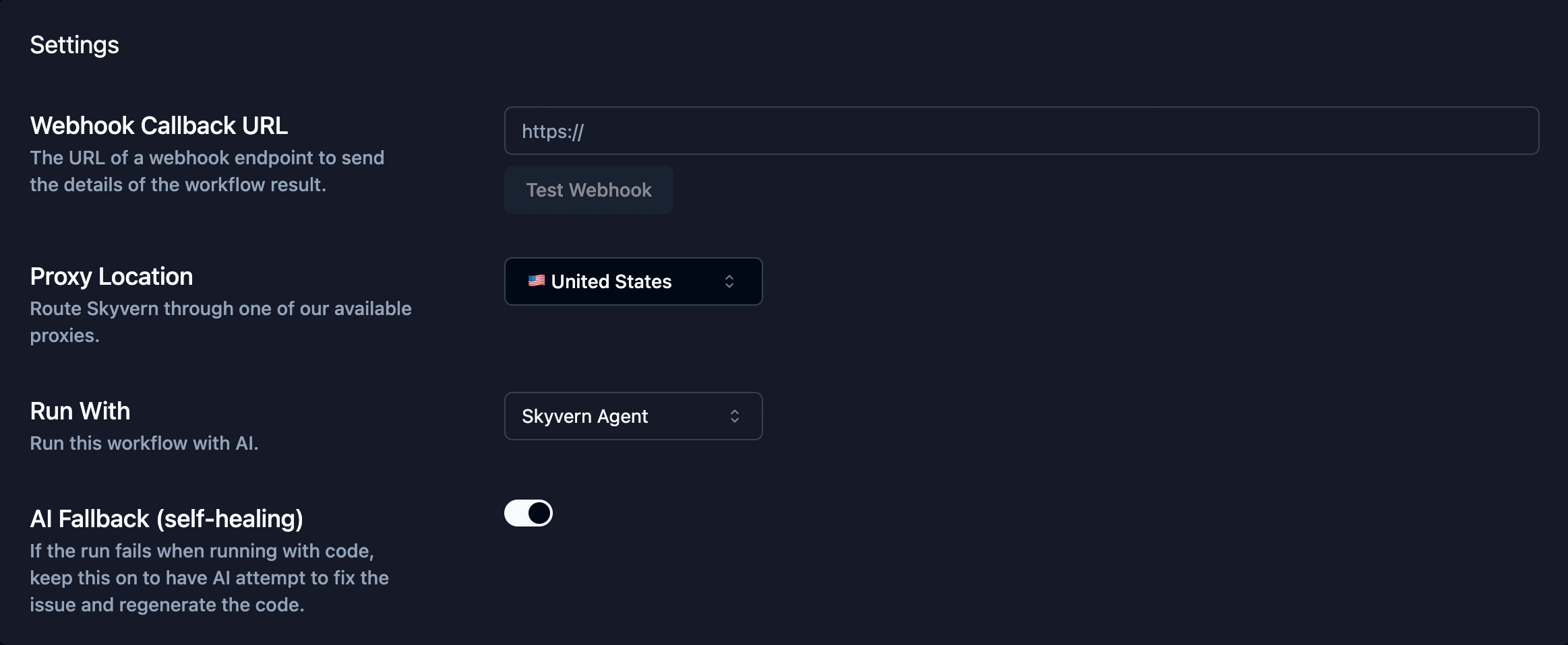 Run settings showing webhook callback URL, proxy location, and AI fallback options
