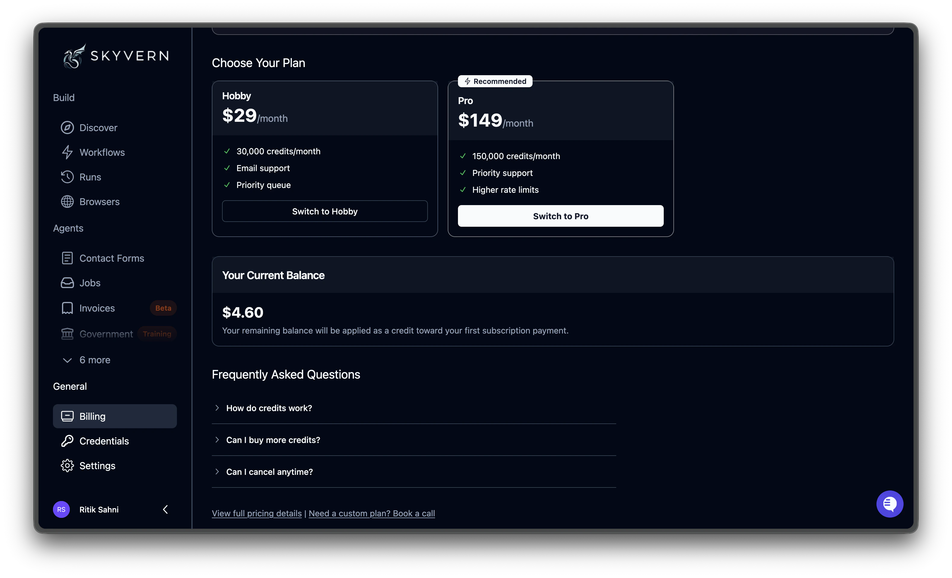 Billing page showing plan options and current balance