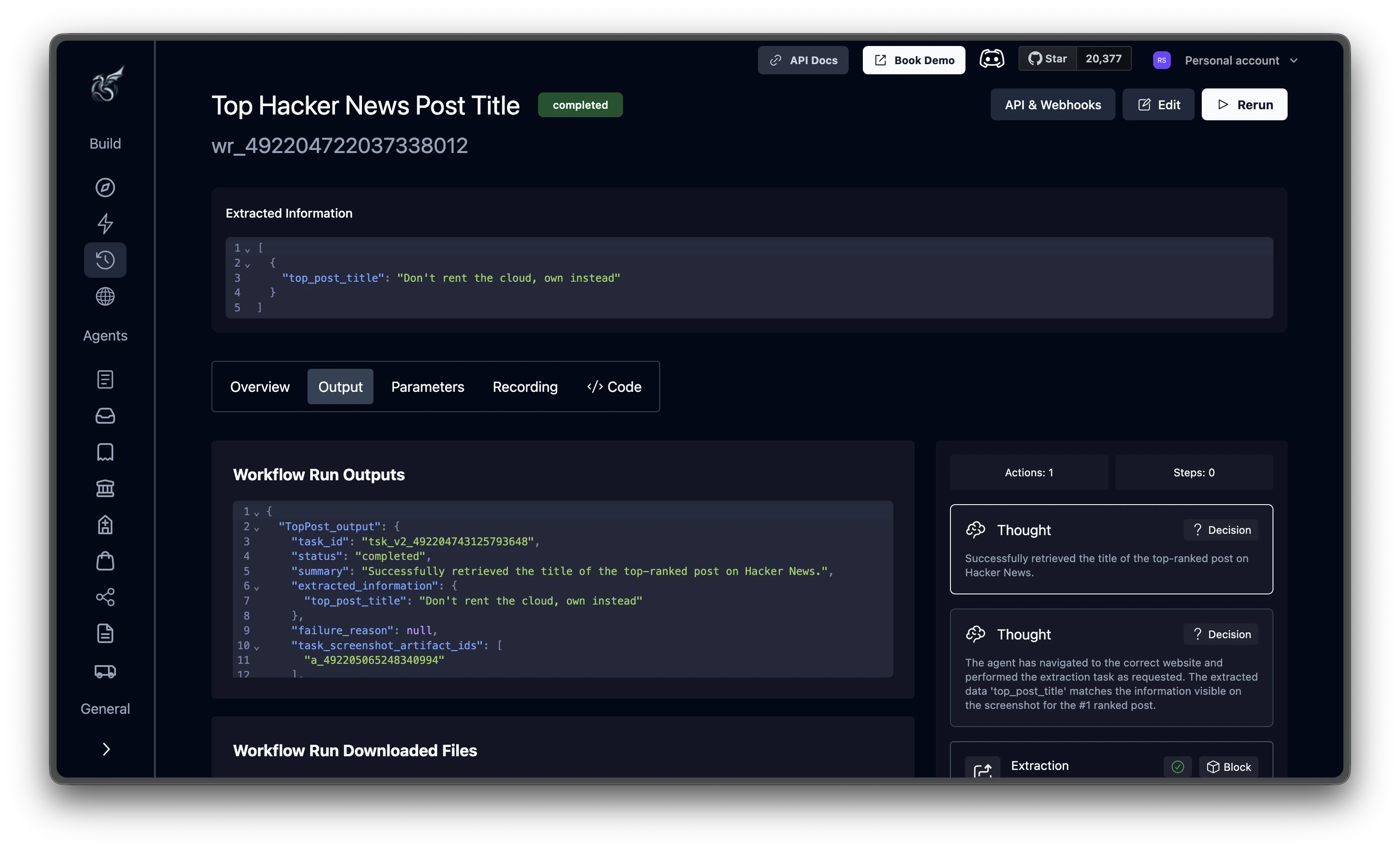 Run details page showing a completed workflow run