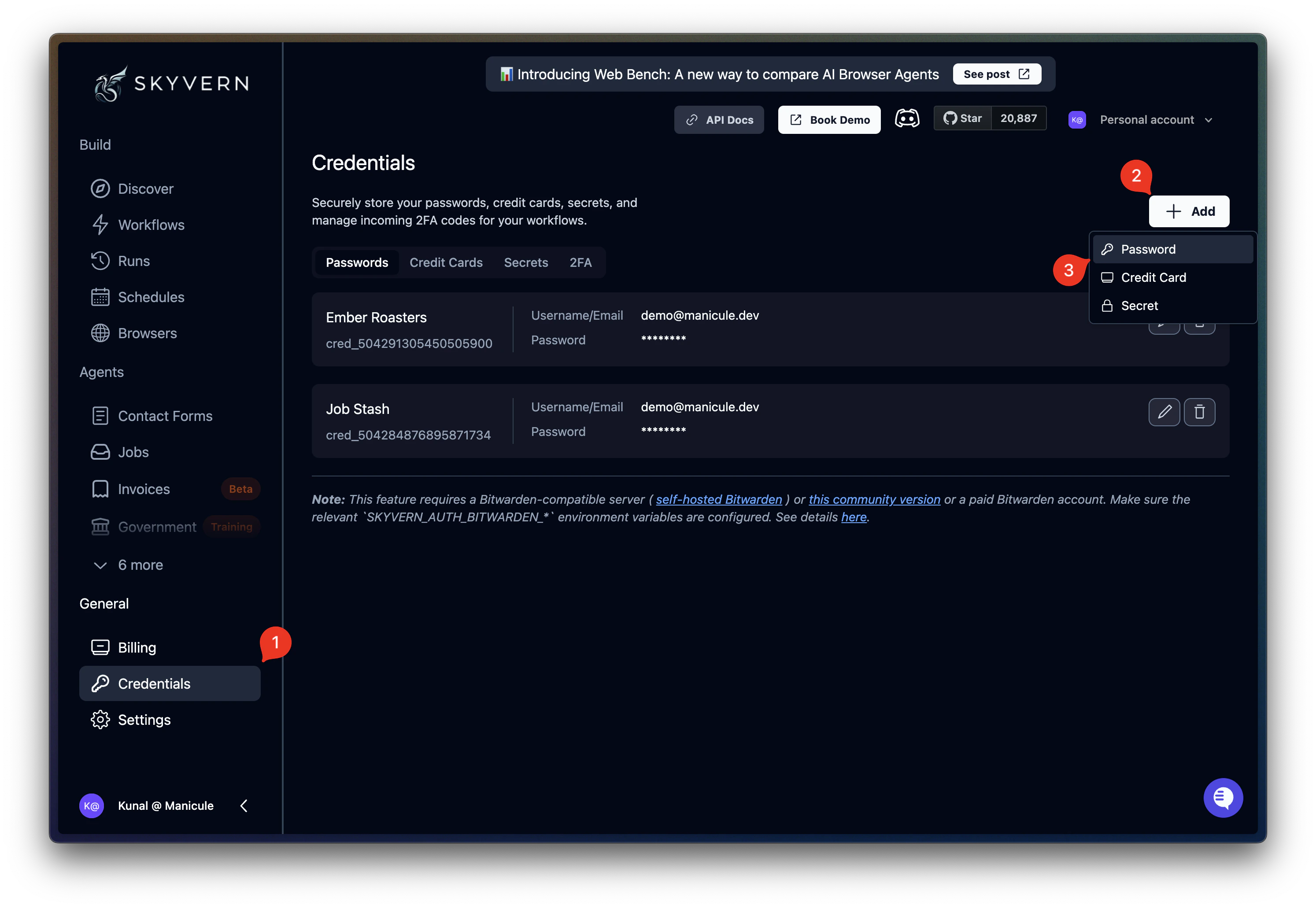 Credentials page showing password credentials with the Add button highlighted