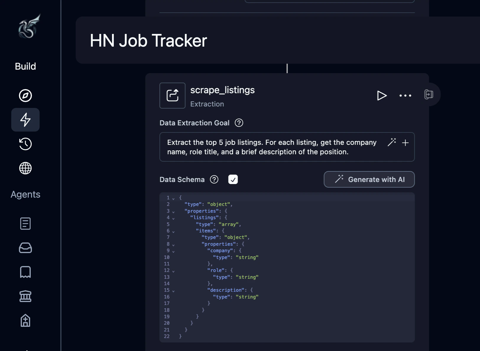 Extraction block configured with scrape_listings label, extraction goal, Data Schema checkbox enabled, and JSON schema