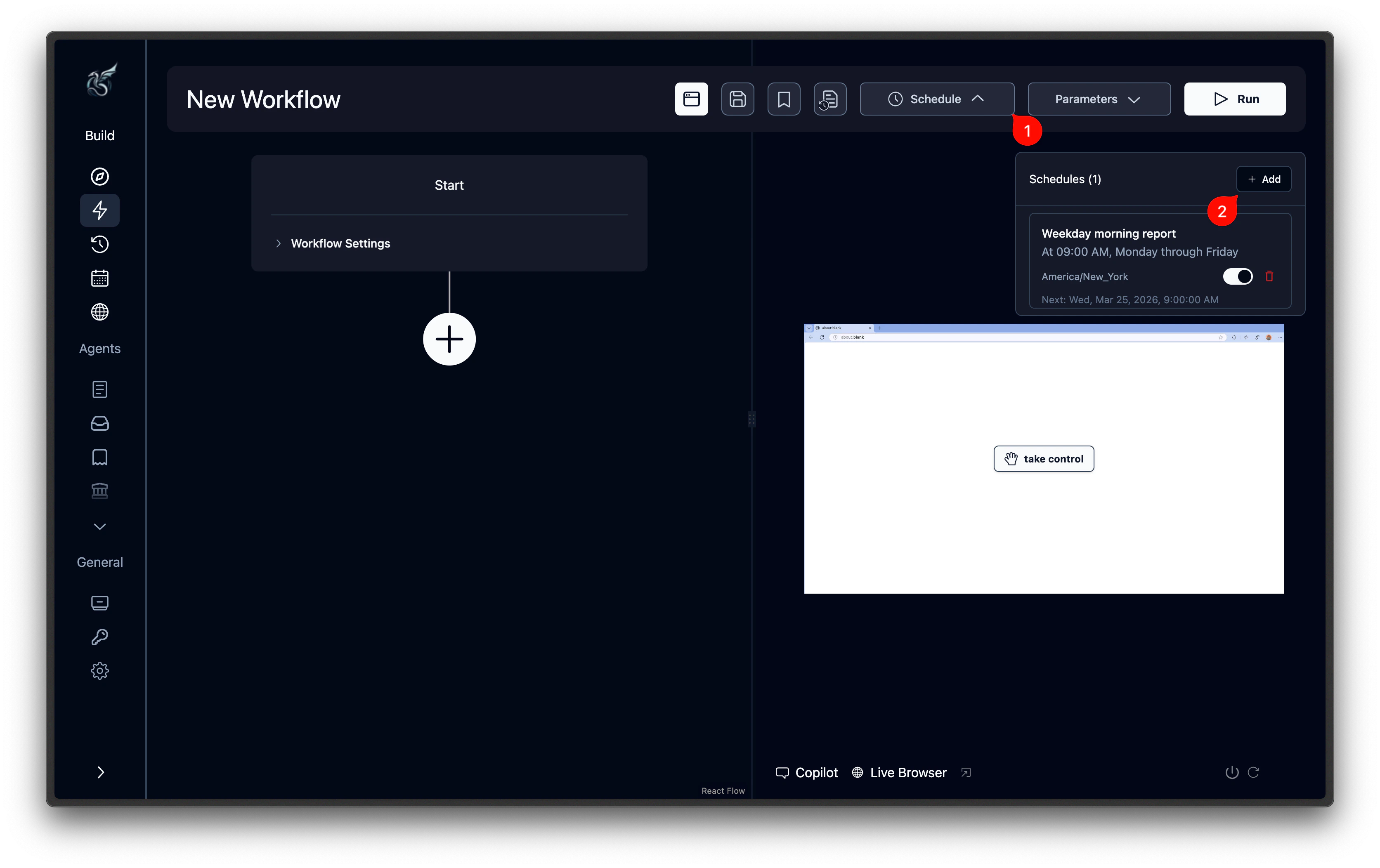 Workflow editor page with Schedule button (clock icon) in the header bar