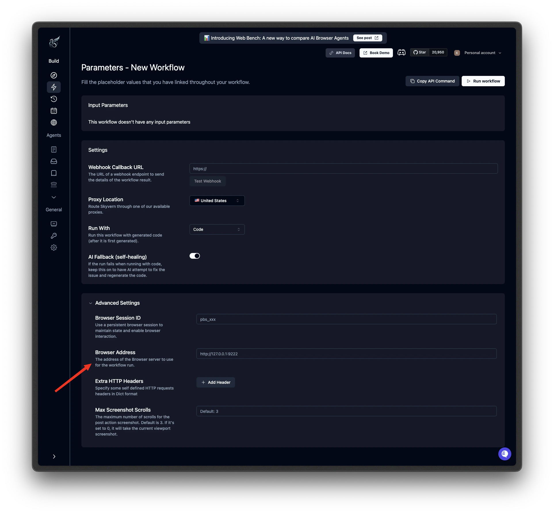 Workflow run settings panel with a pbs_ session ID entered in the Browser Session ID field