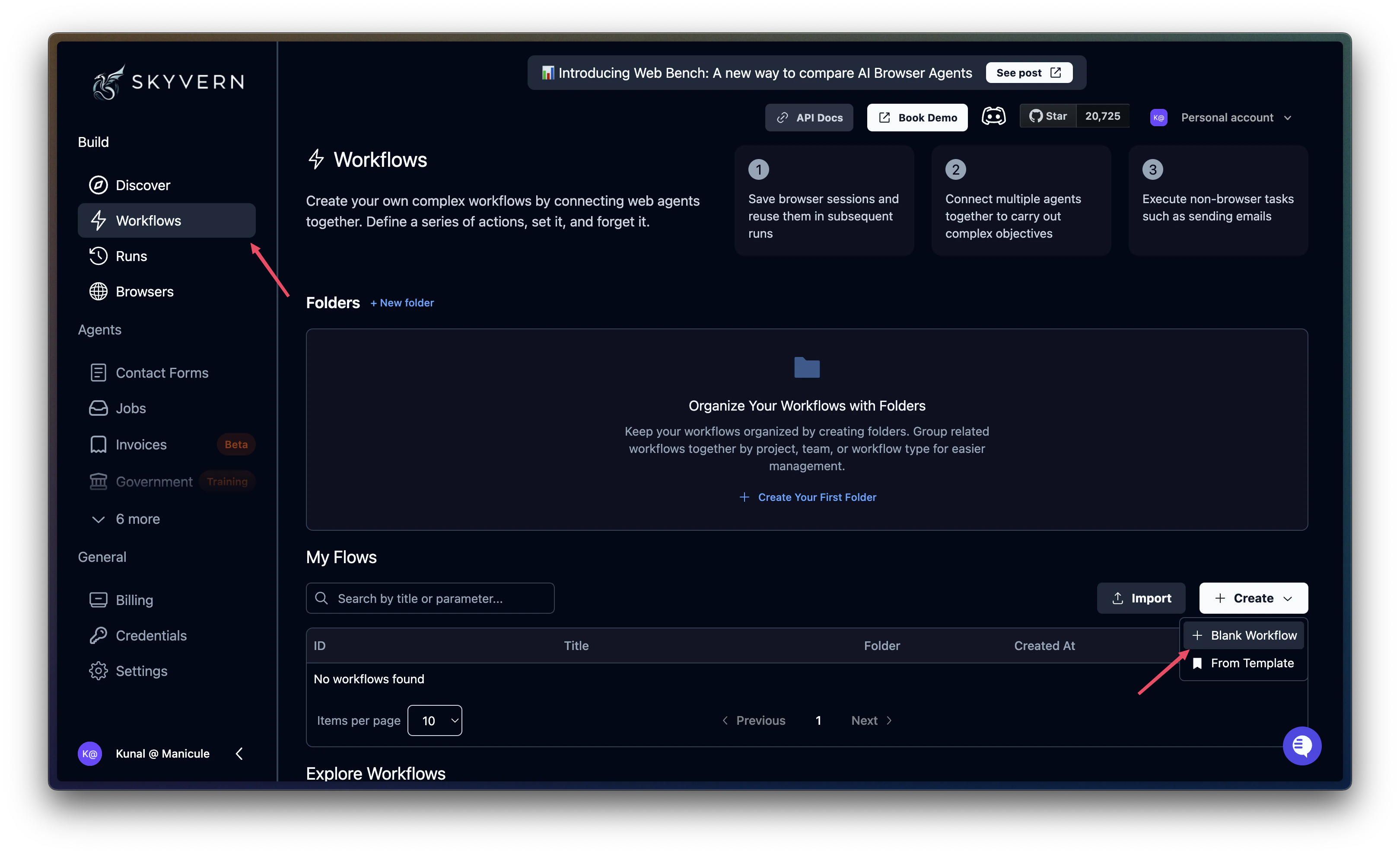 Create a new workflow from Skyvern Dashboard