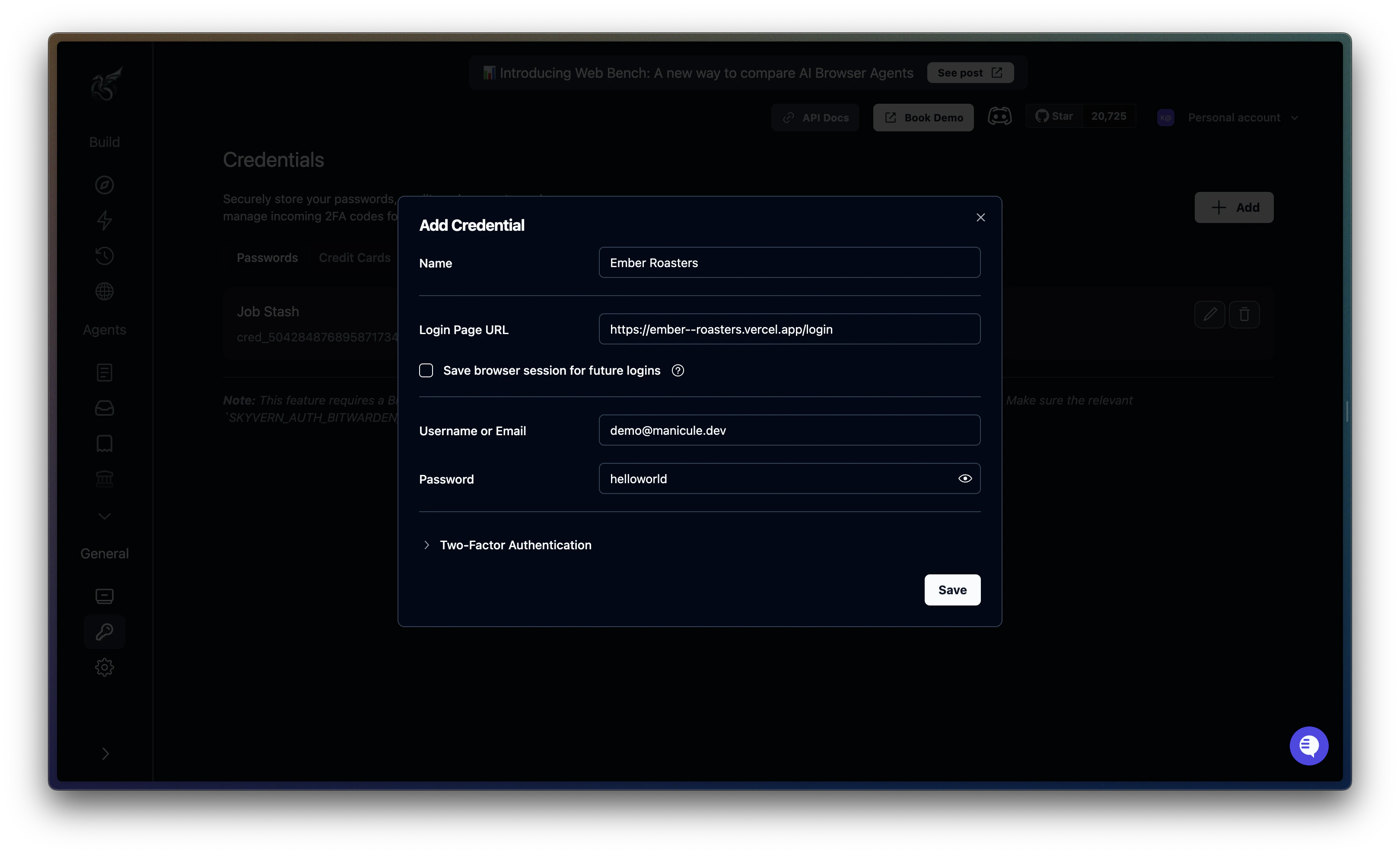Fill username and password to add a credential to Skyvern