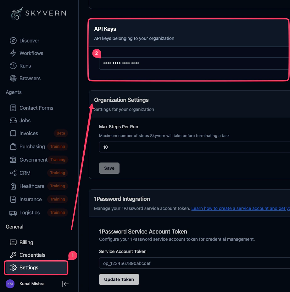 API Keys settings page