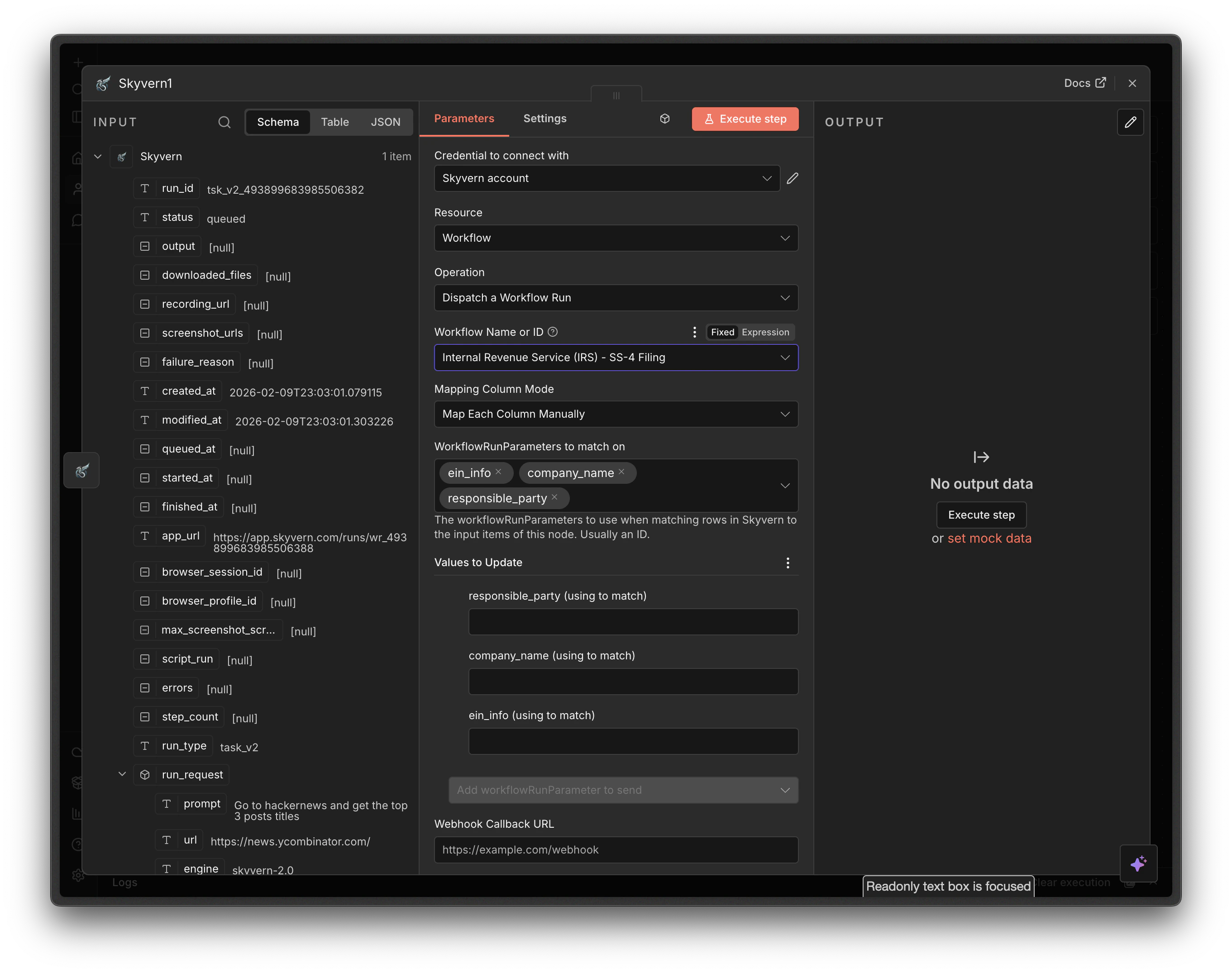 Configure Dispatch a Workflow Run fields in n8n