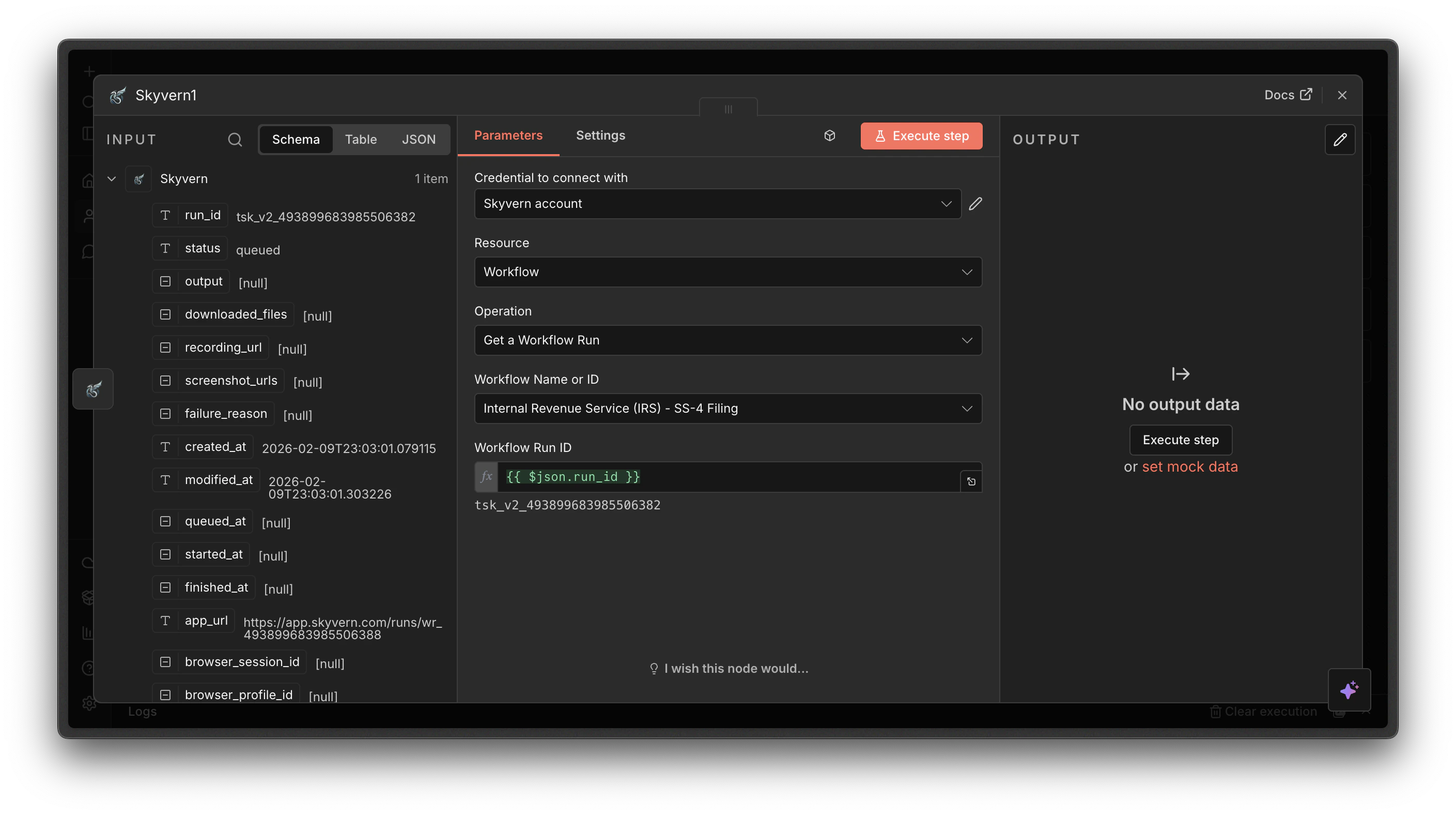 Enter Workflow Run ID field in n8n