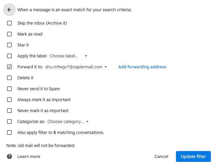 Gmail forwarding filter