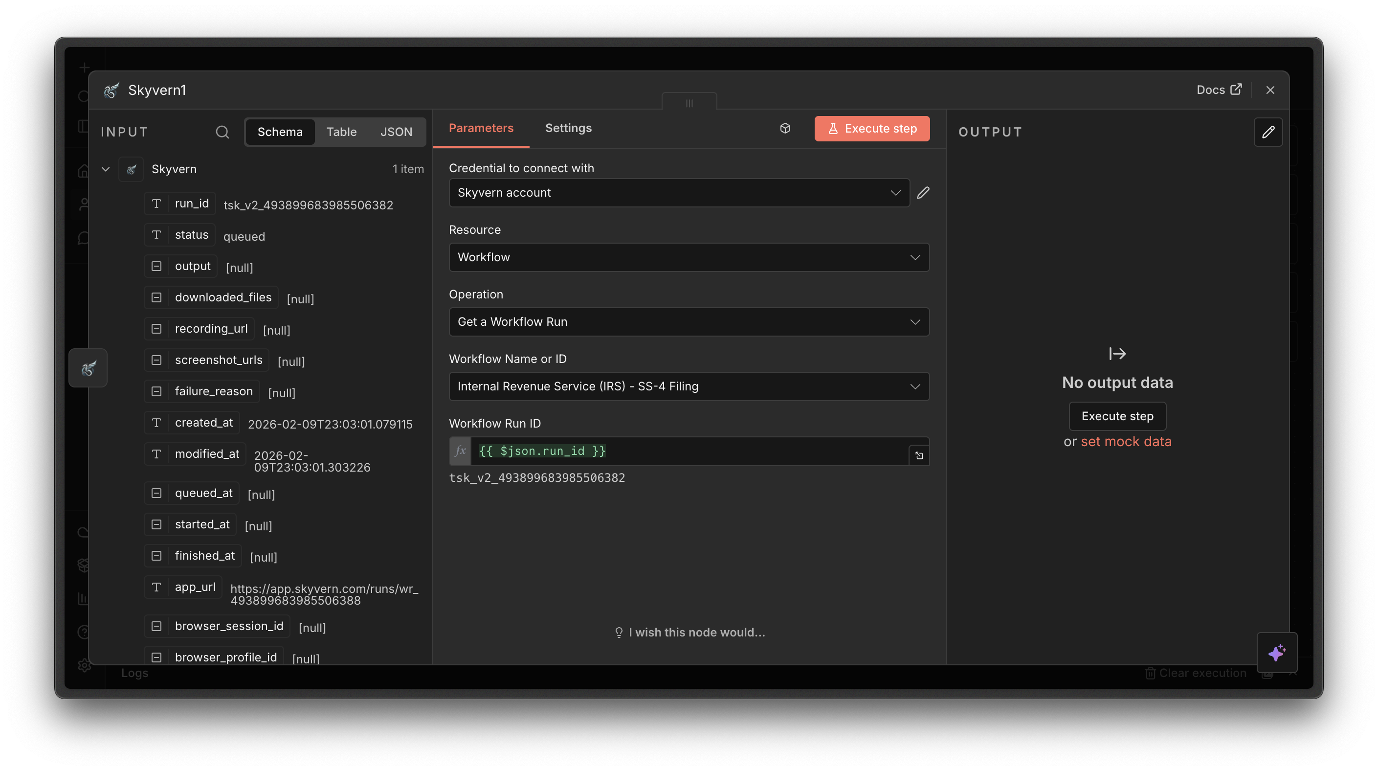 Enter Workflow Run ID field in n8n