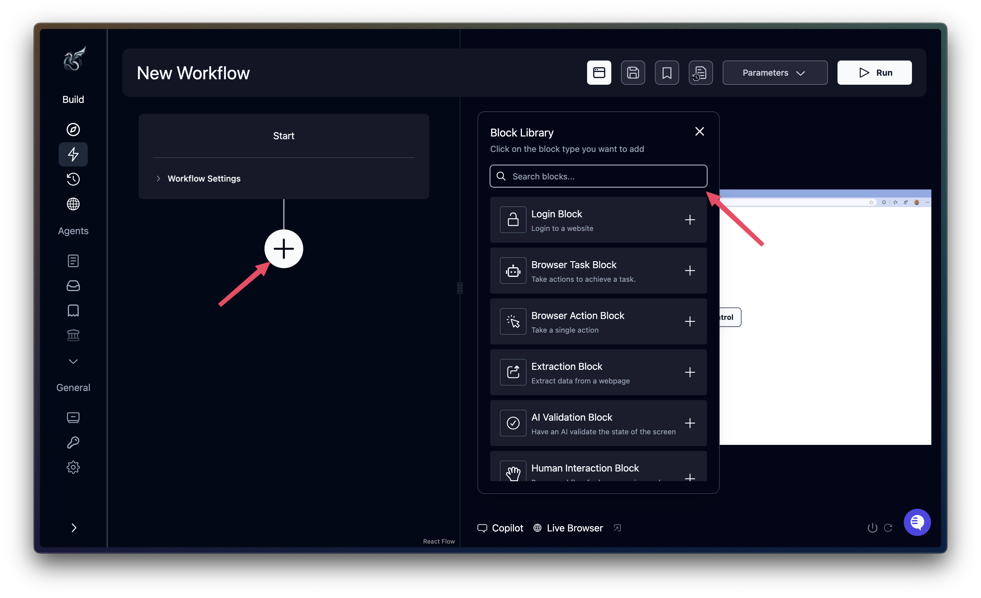 Adding a block in a workflow in Skyvern