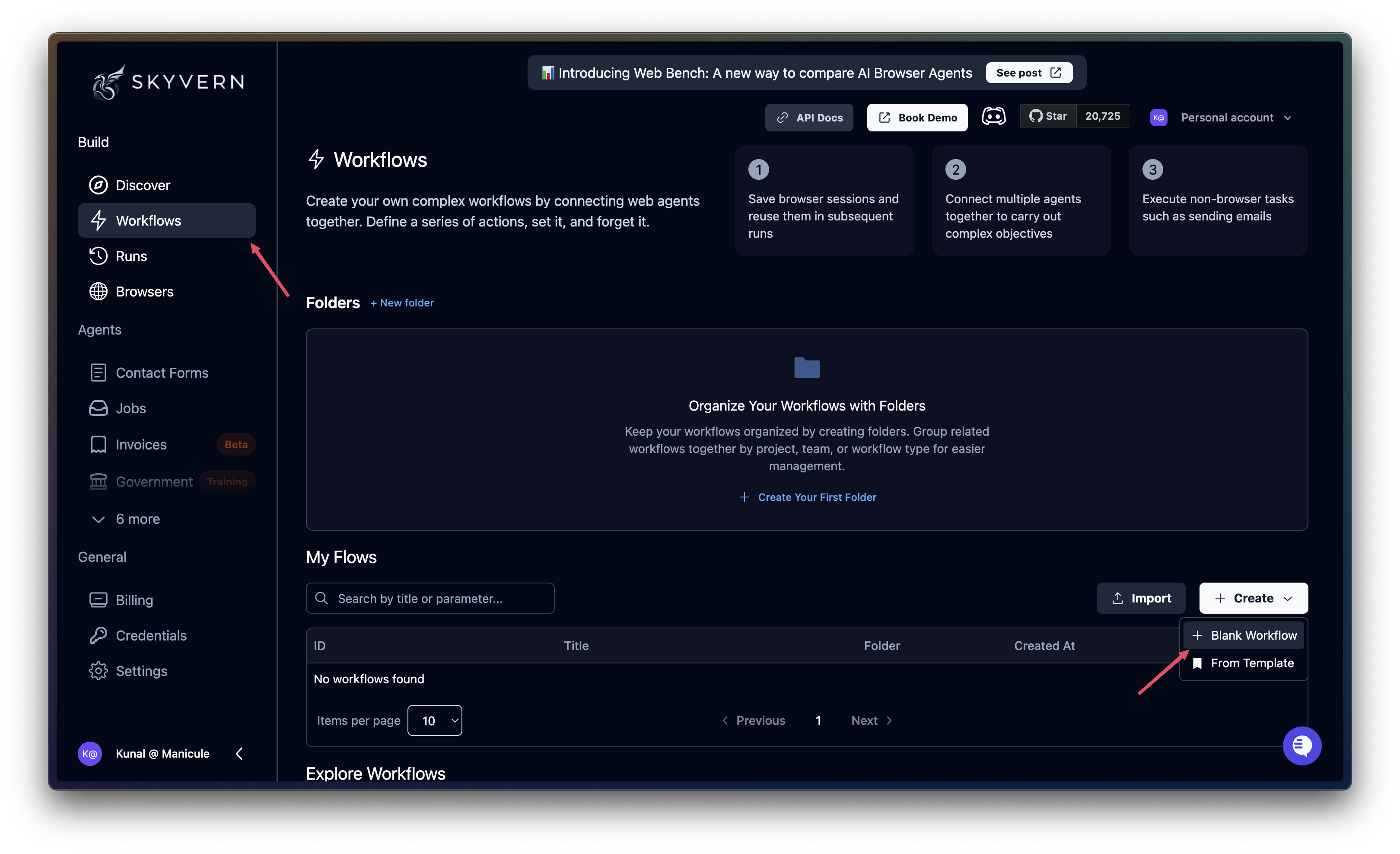 Create a new workflow from Skyvern Dashboard