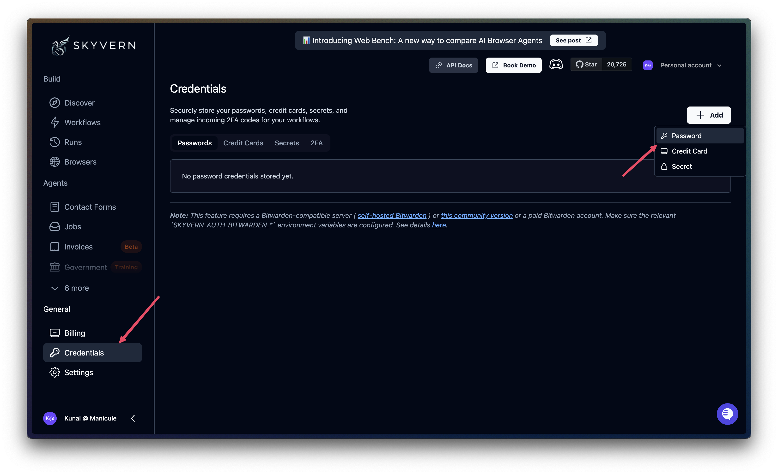 Creating a password credential on Skyvern