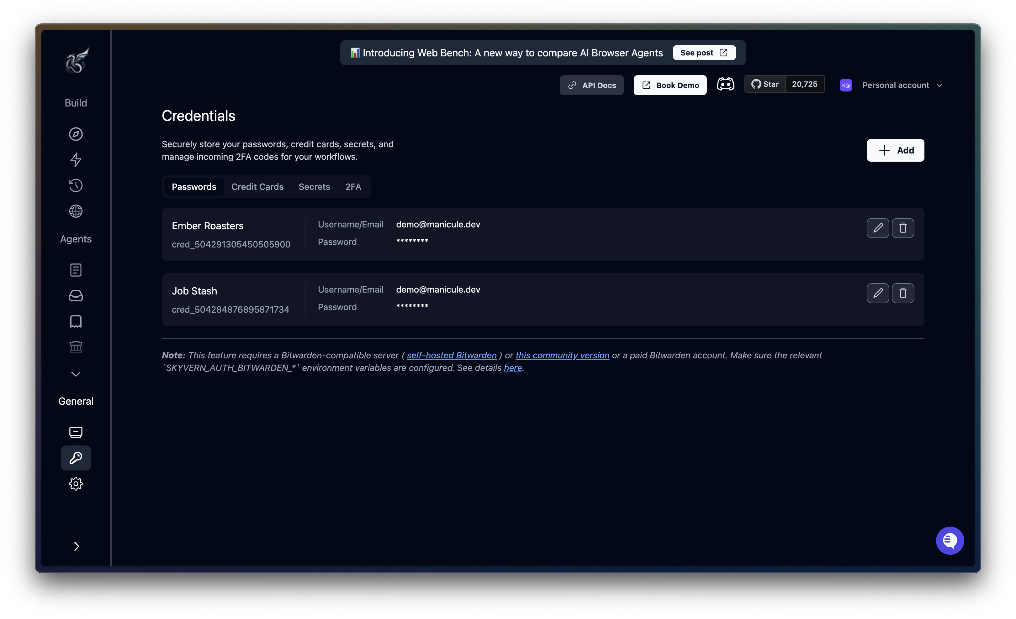 Fill username and password to add a credential to Skyvern