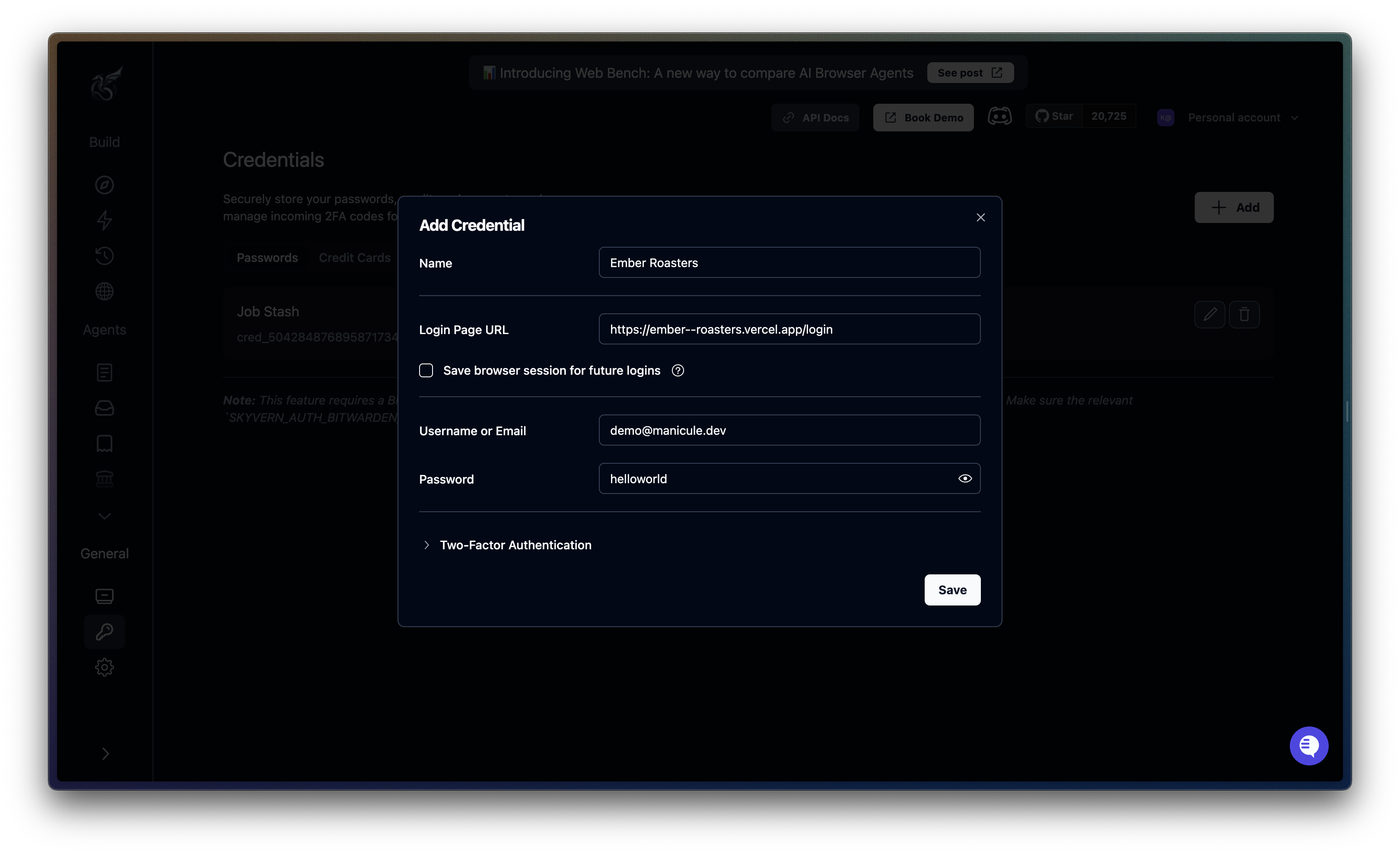 Fill username and password to add a credential to Skyvern