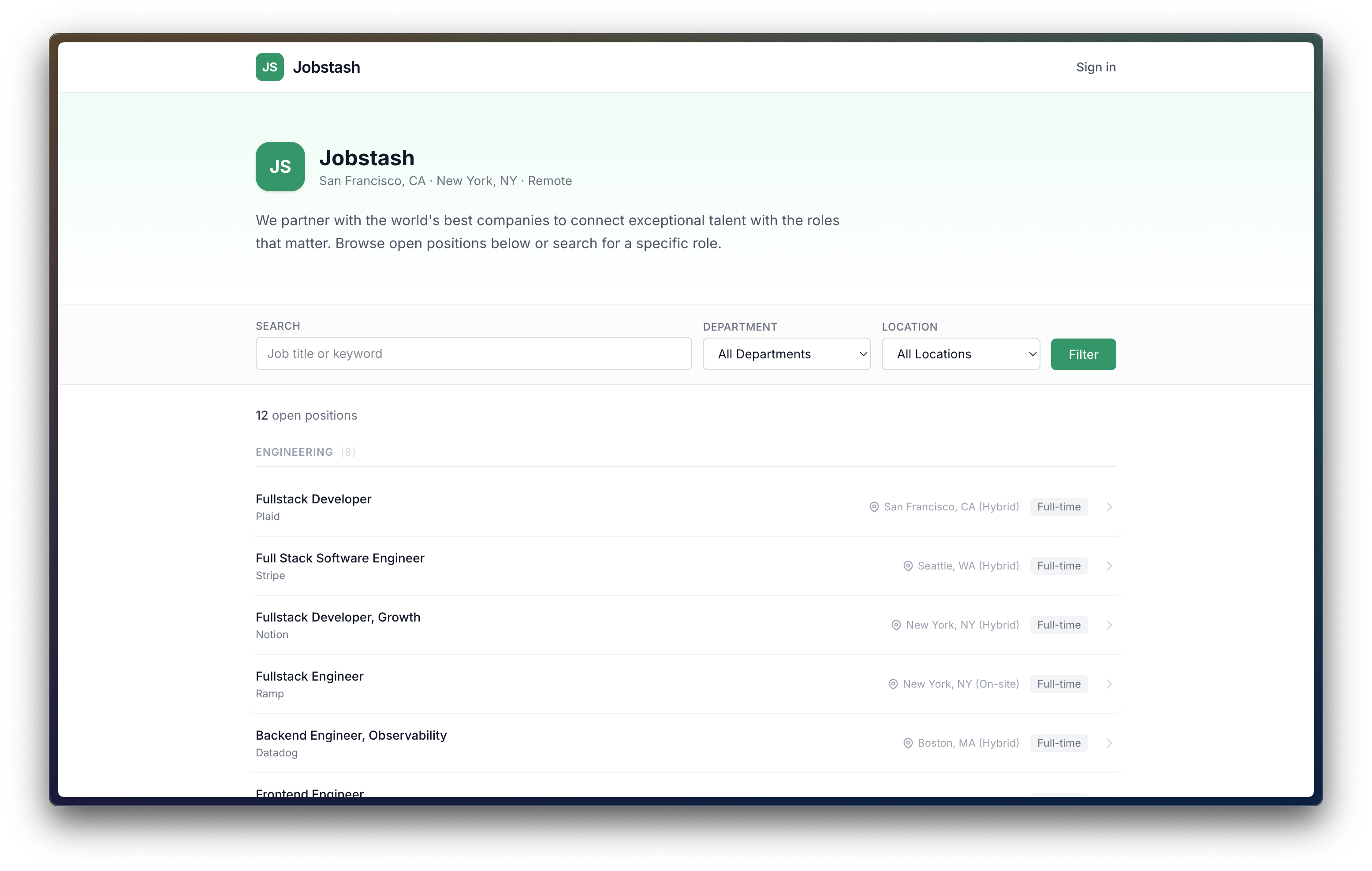 Job Stash, a demo job portal