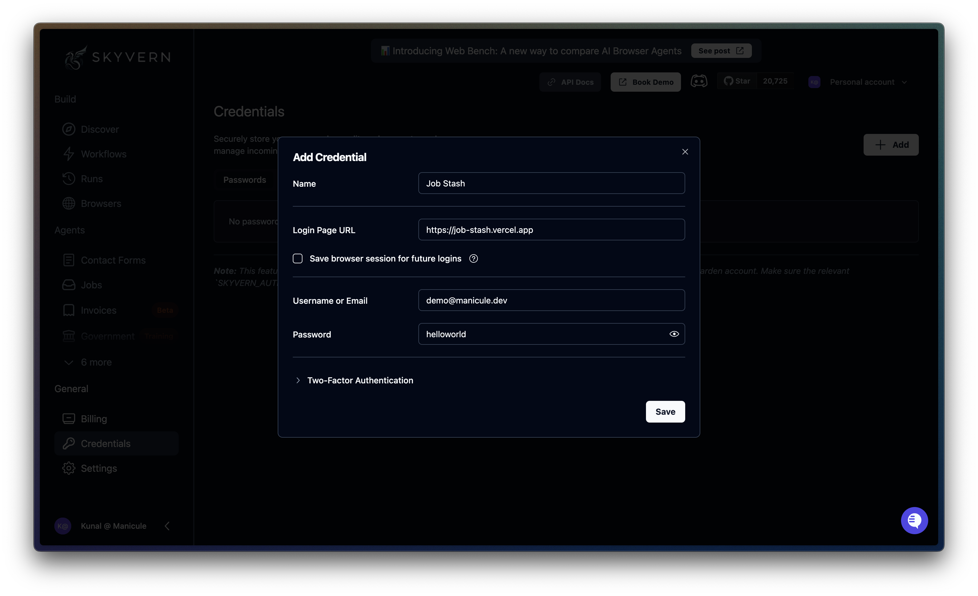 Fill username and password to add a credential to Skyvern