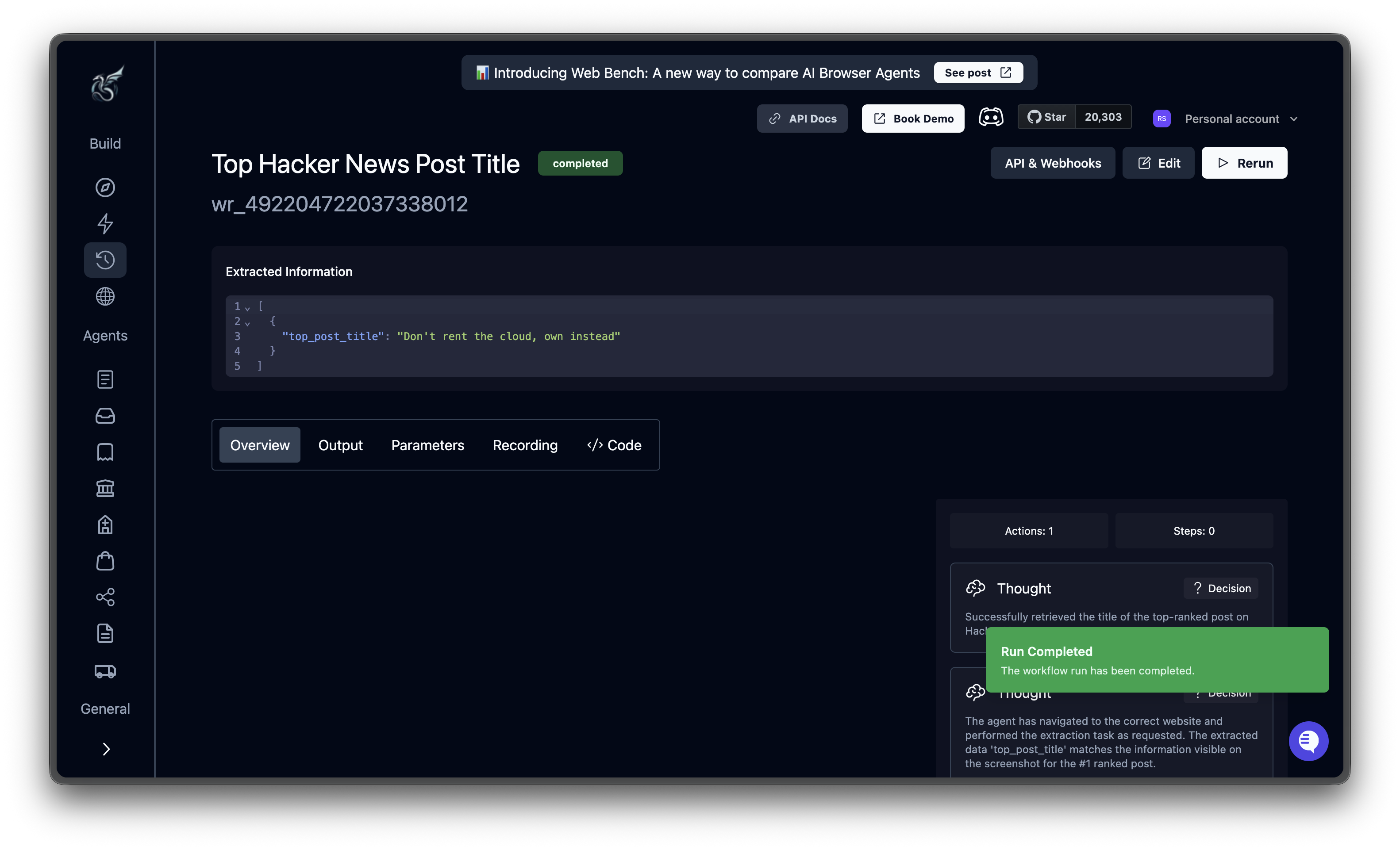 Completed run showing extracted data and result tabs