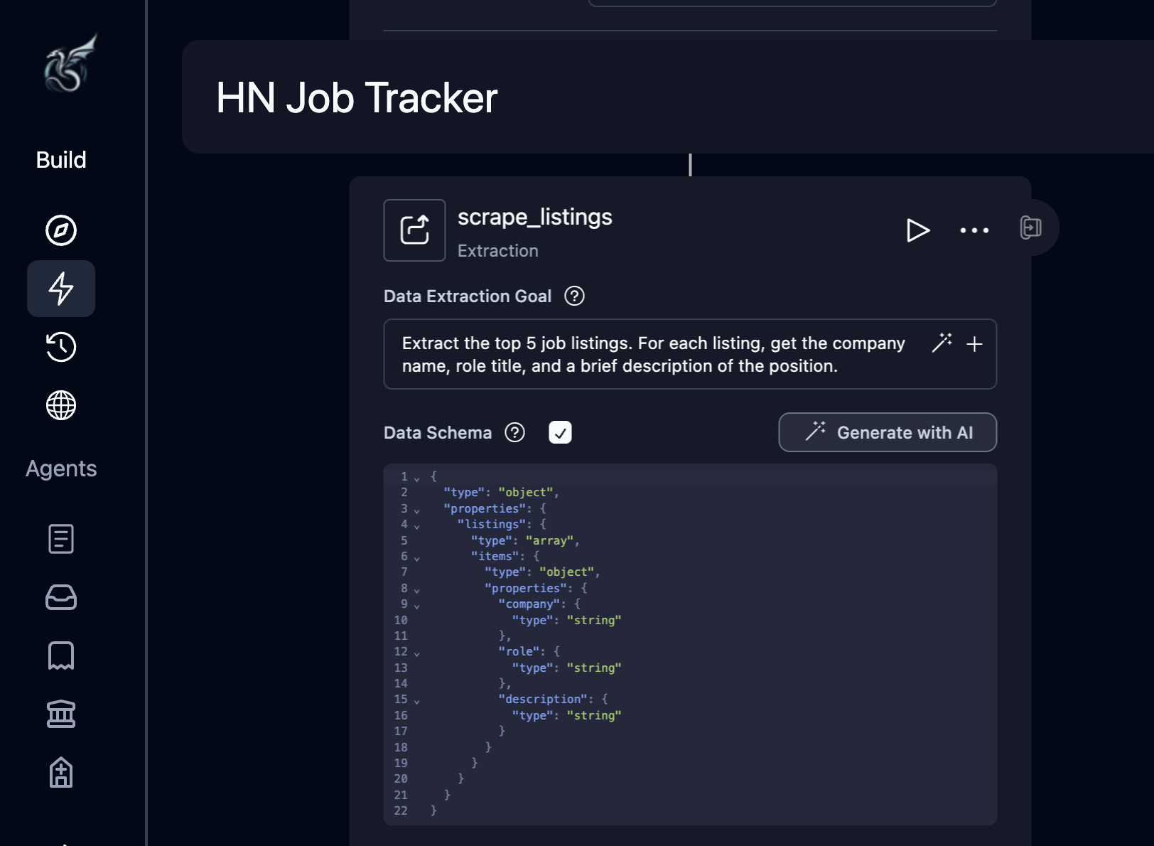Extraction block configured with scrape_listings label, extraction goal, Data Schema checkbox enabled, and JSON schema