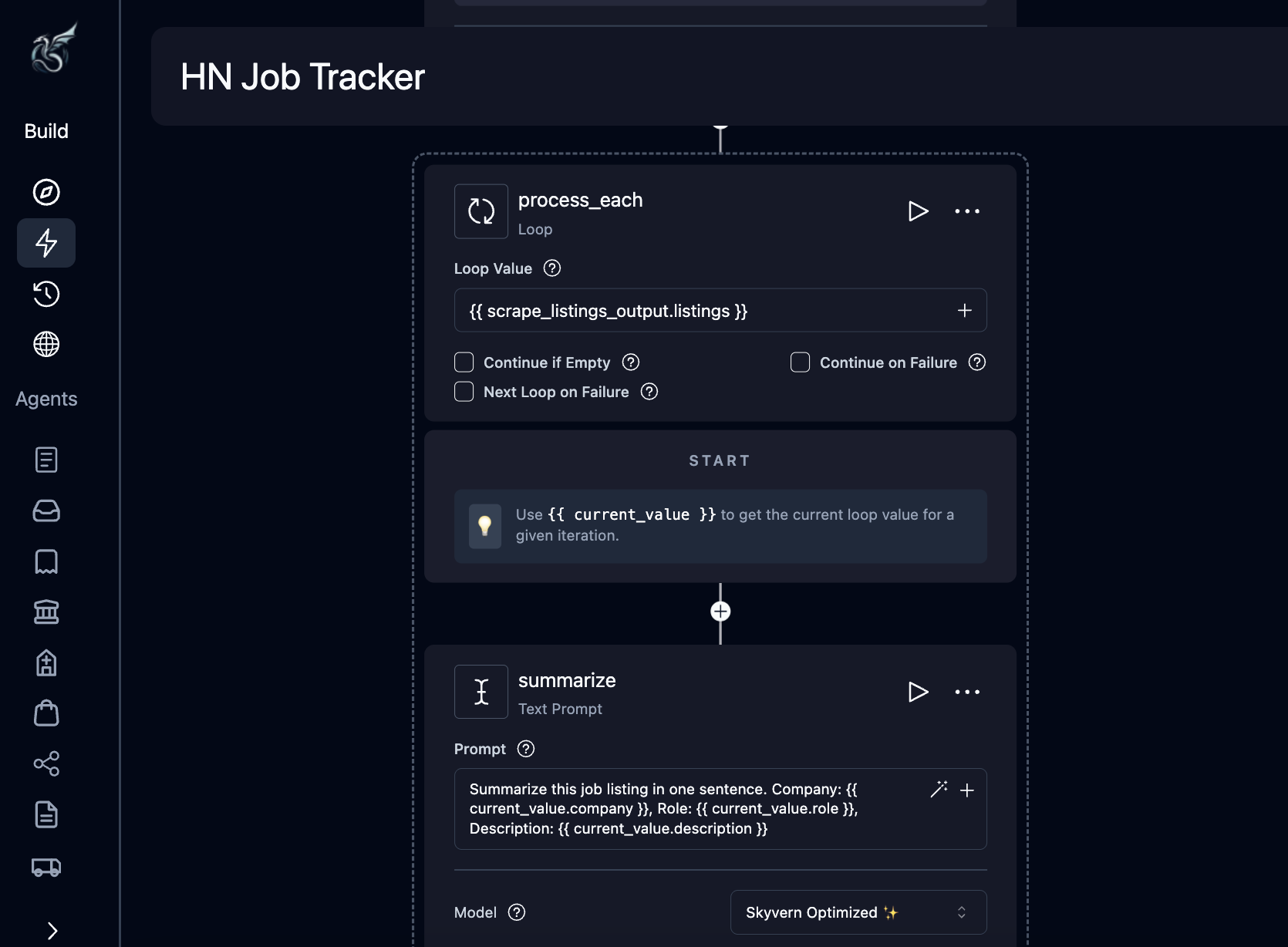 Loop block with process_each label containing a summarize Text Prompt block inside