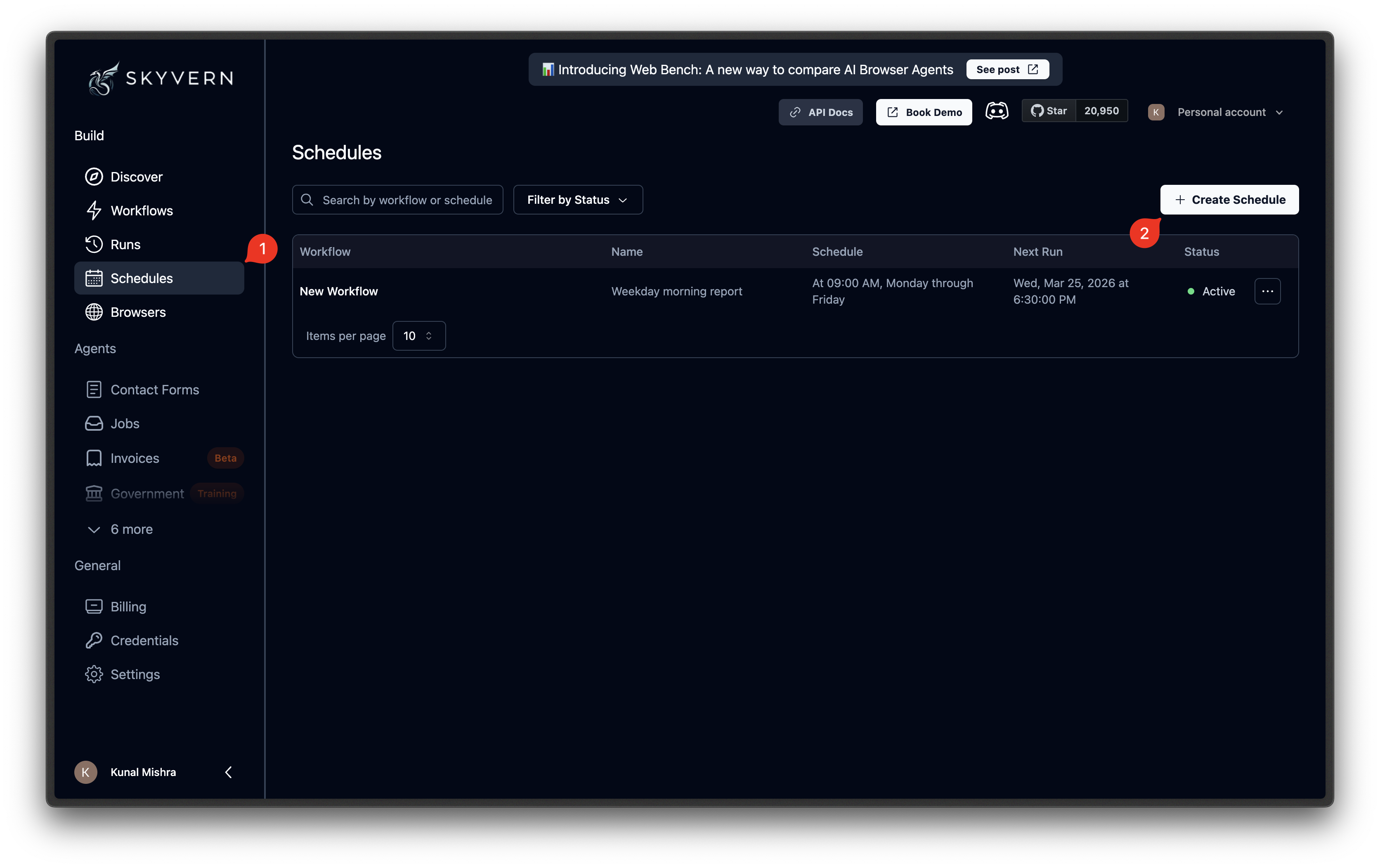 Schedules page with Create Schedule button in the top right corner