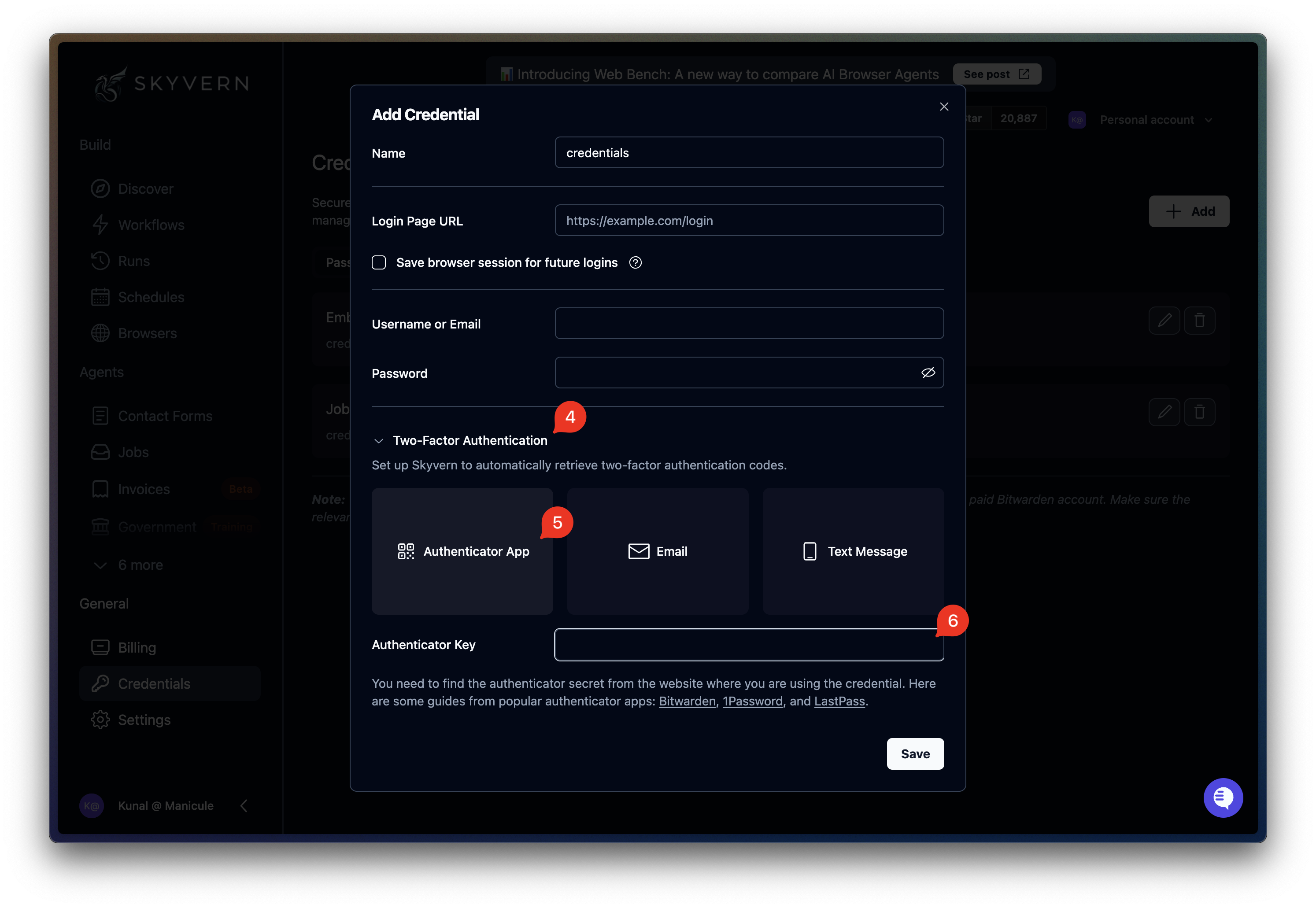Add Credential dialog with Authenticator App selected and the Authenticator Key field