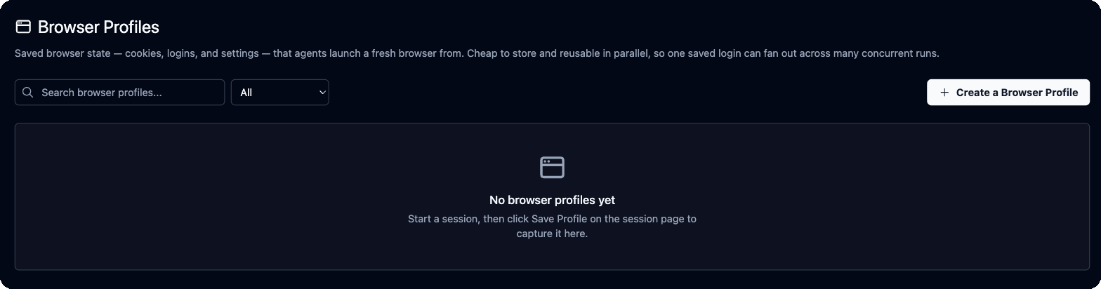 Browser Profiles page with the search box, type filter and Create a Browser Profile button