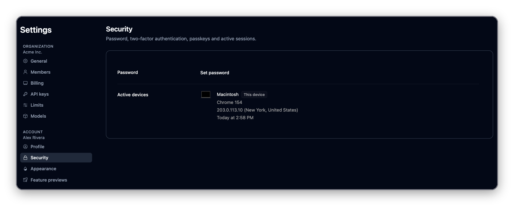 Settings, Security page with the password and signed-in devices
