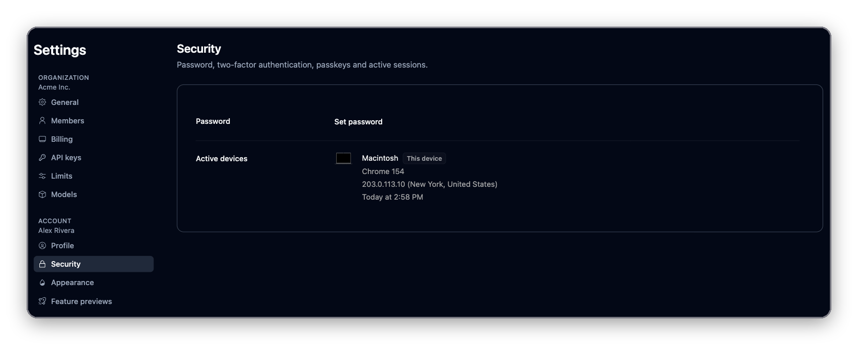 Settings, Security page with the password and signed-in devices