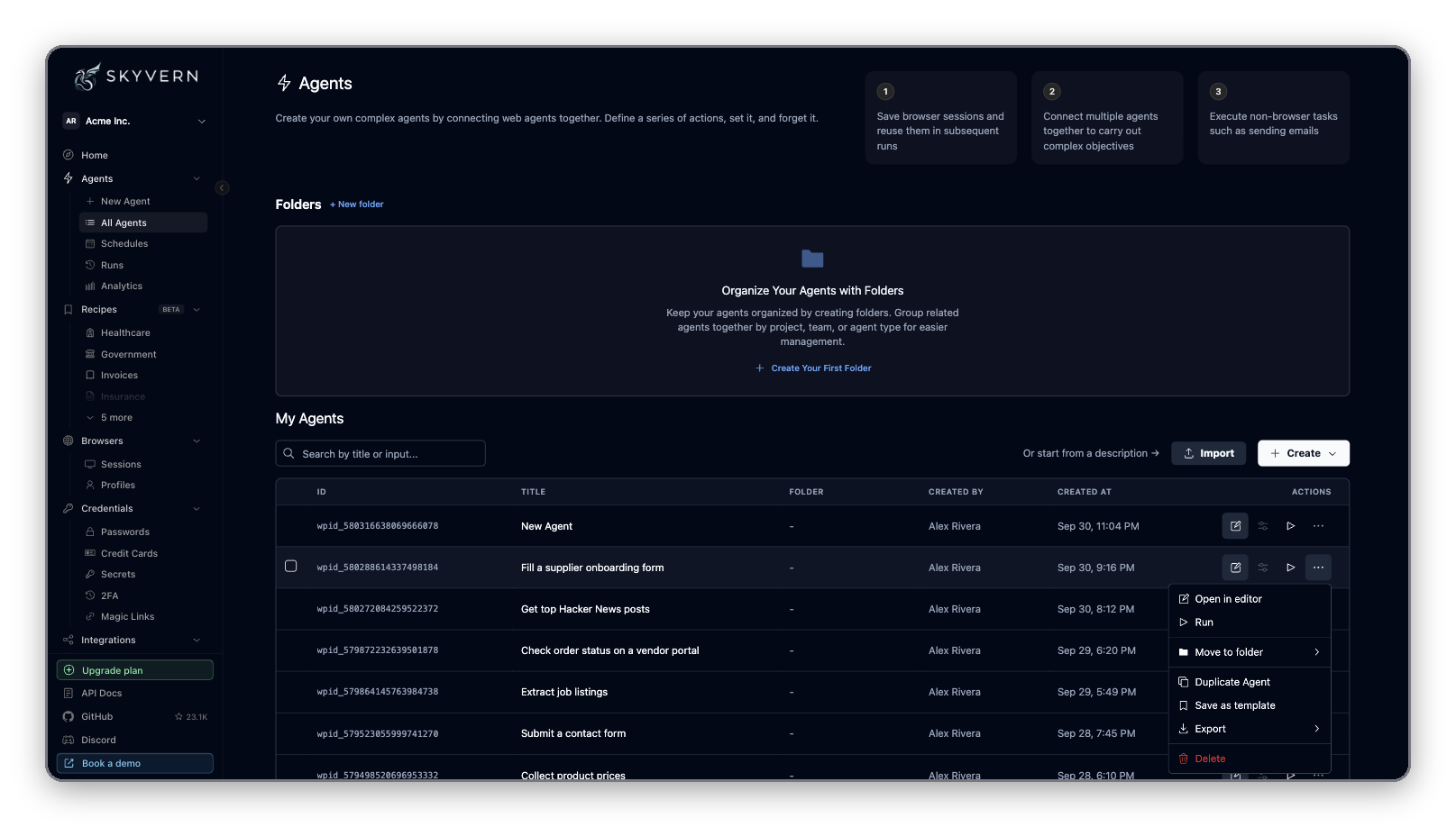 All Agents page with Folders, the search box, Import and Create buttons, and a row menu open with Open in editor, Run, Move to folder, Duplicate Agent, Save as template, Export and Delete