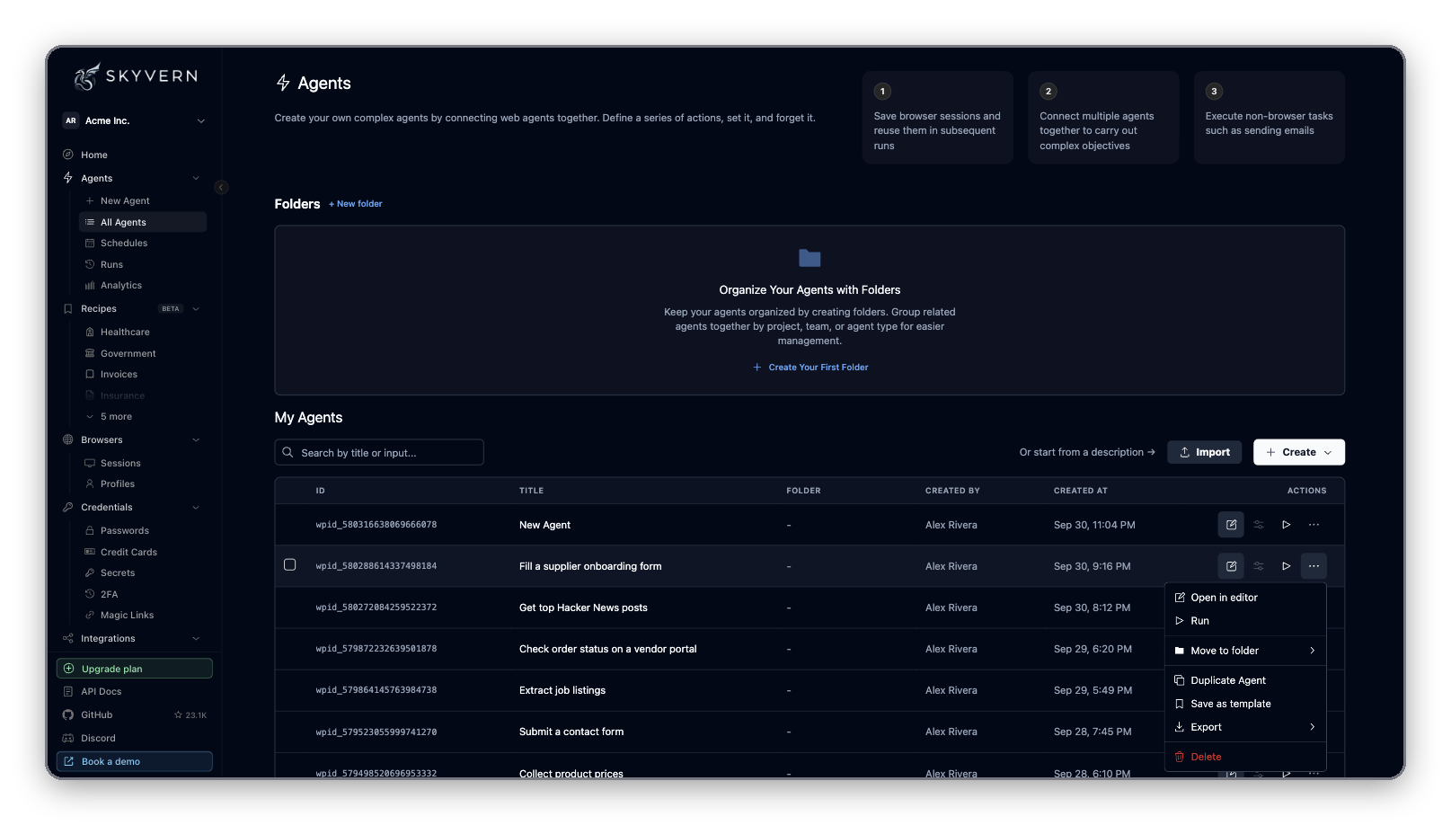 All Agents page with Folders, the search box, Import and Create buttons, and a row menu open with Open in editor, Run, Move to folder, Duplicate Agent, Save as template, Export and Delete